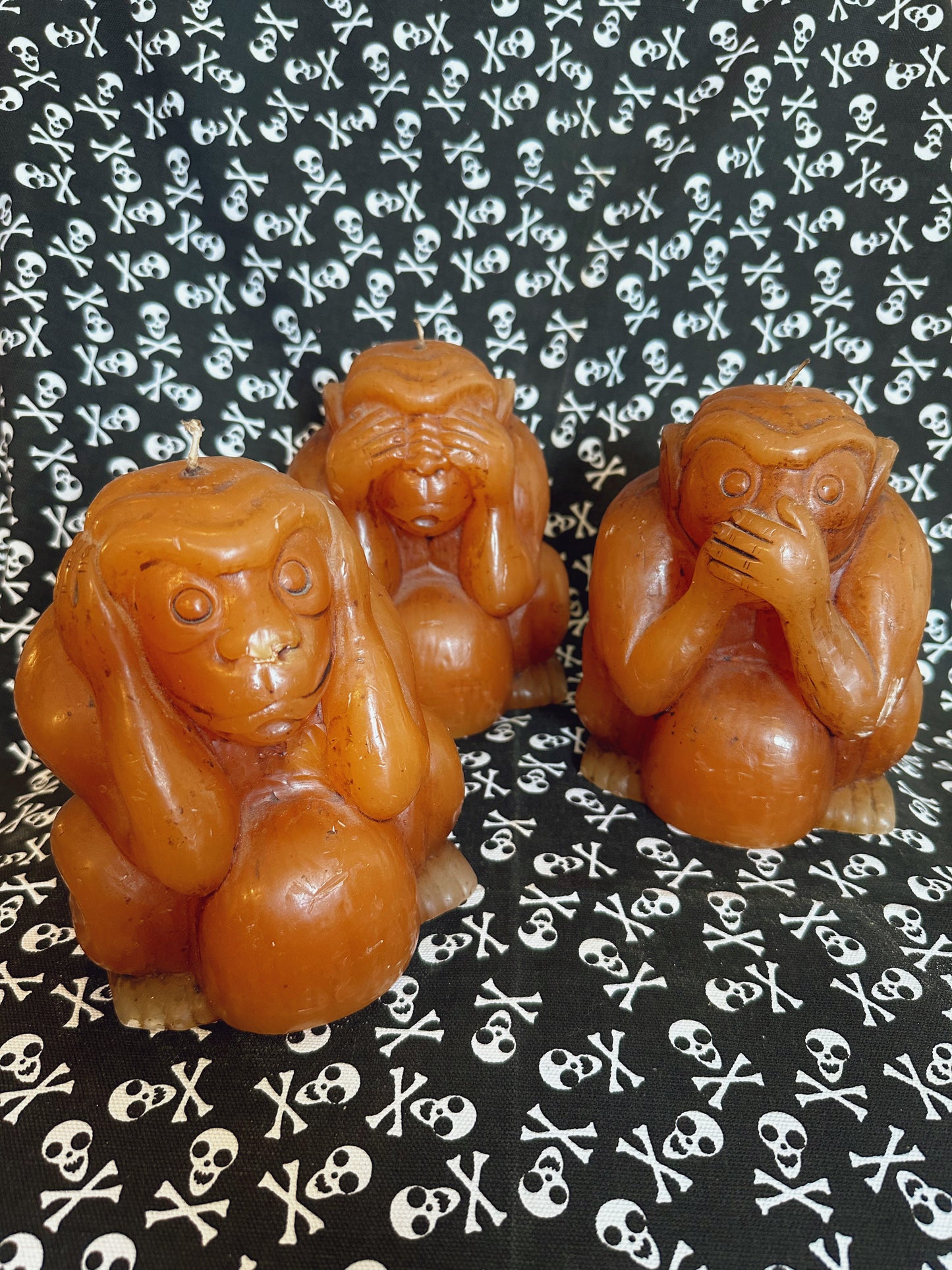 Large see no evil, hear no evil, speak no evil candle set. 7 inches tall