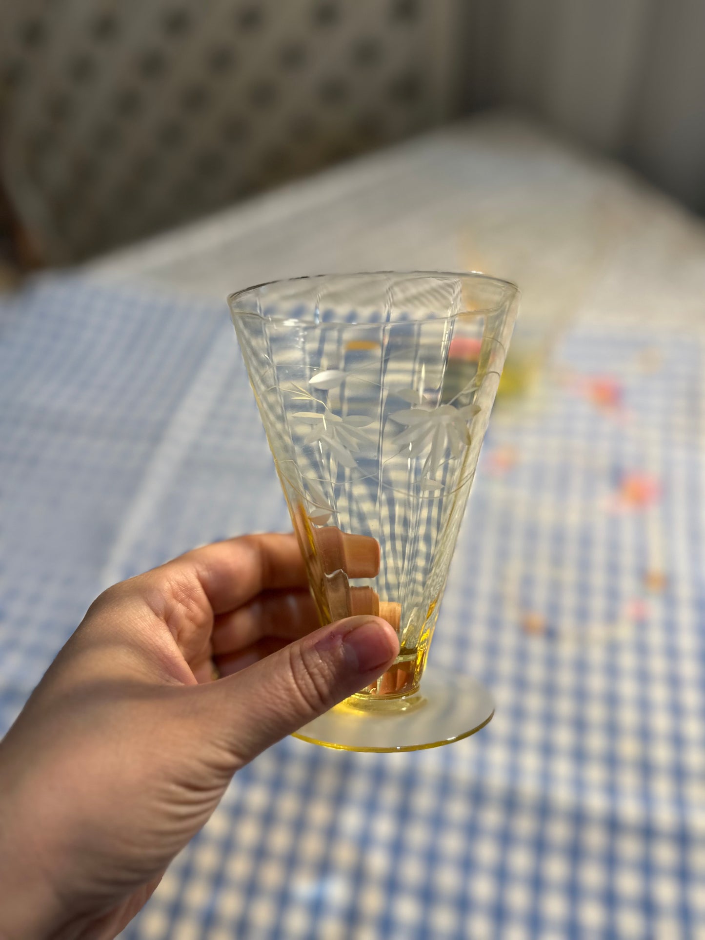 Pair of yellow sundae glasses with etched floral design