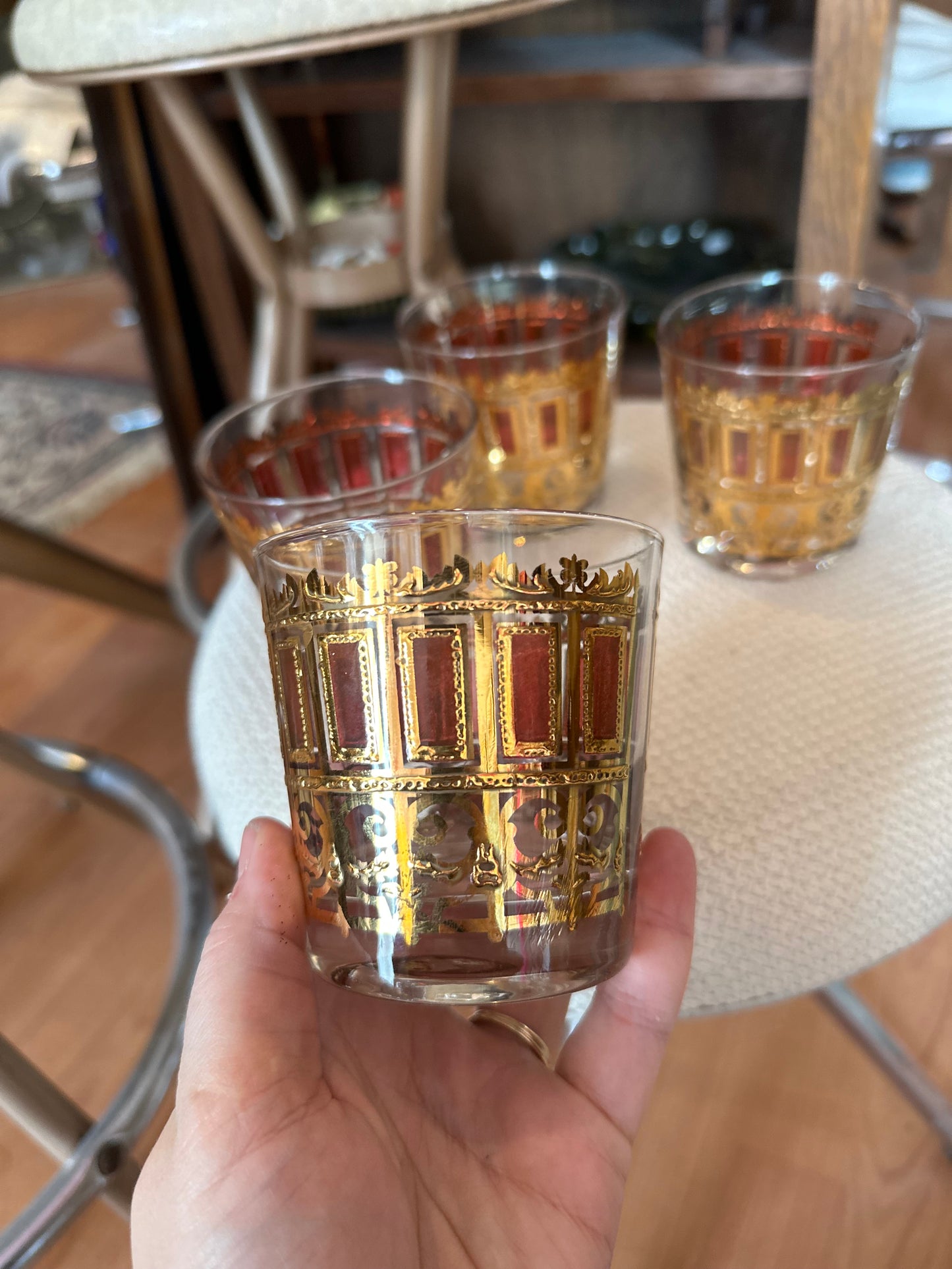 Set of 4 Libbey Mid Century Gold filigree barware