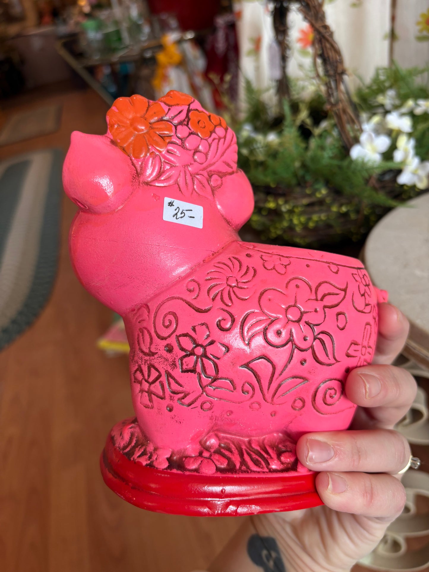 Pink Piggy chalkware candle holder