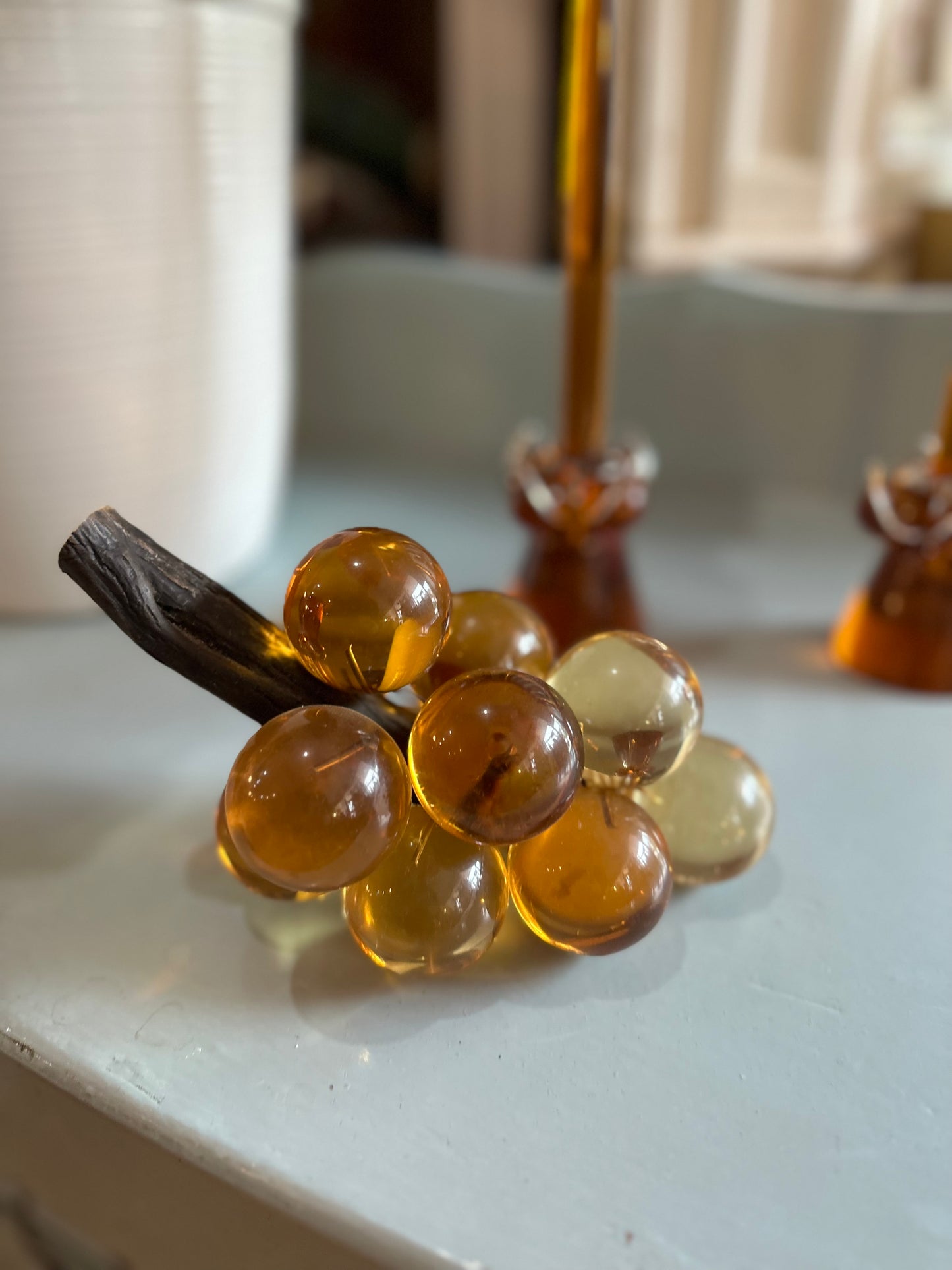 1970s set of Lucite grapes, candle holders and candles