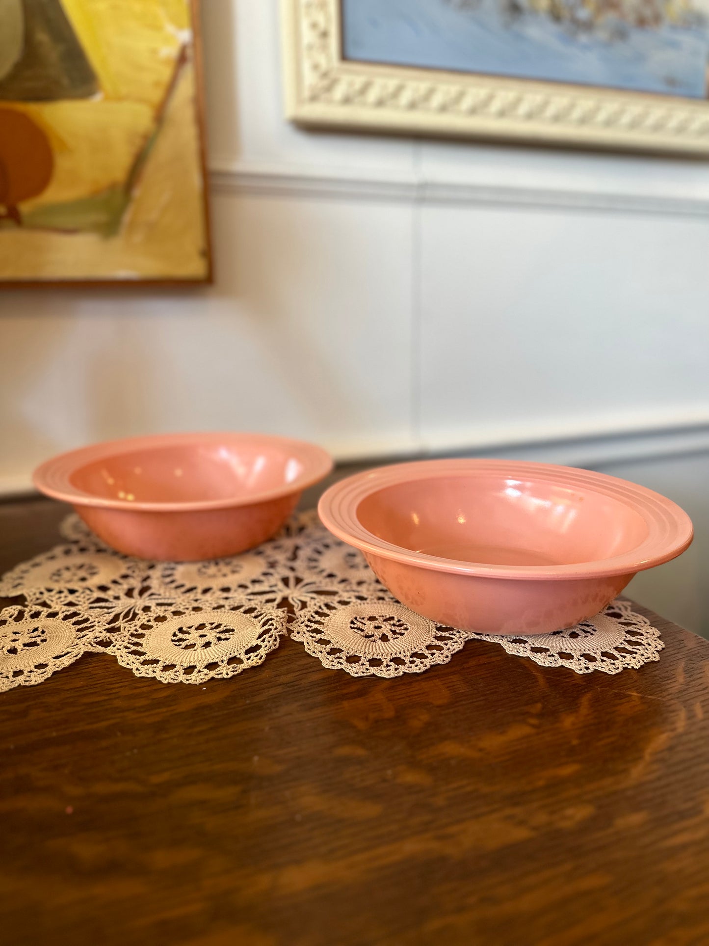 Hazel Atlas pink/ salmon coloured bowls