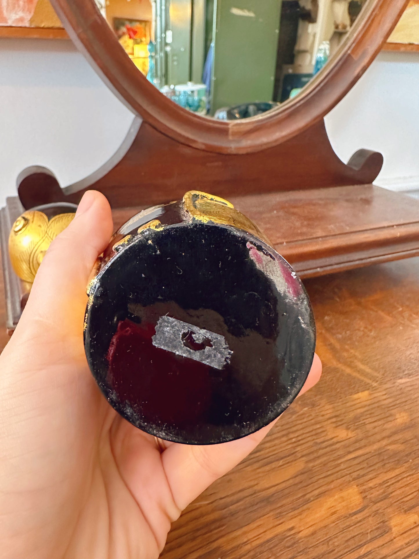 1950s Burmese Gold Leaf wooden owl jar