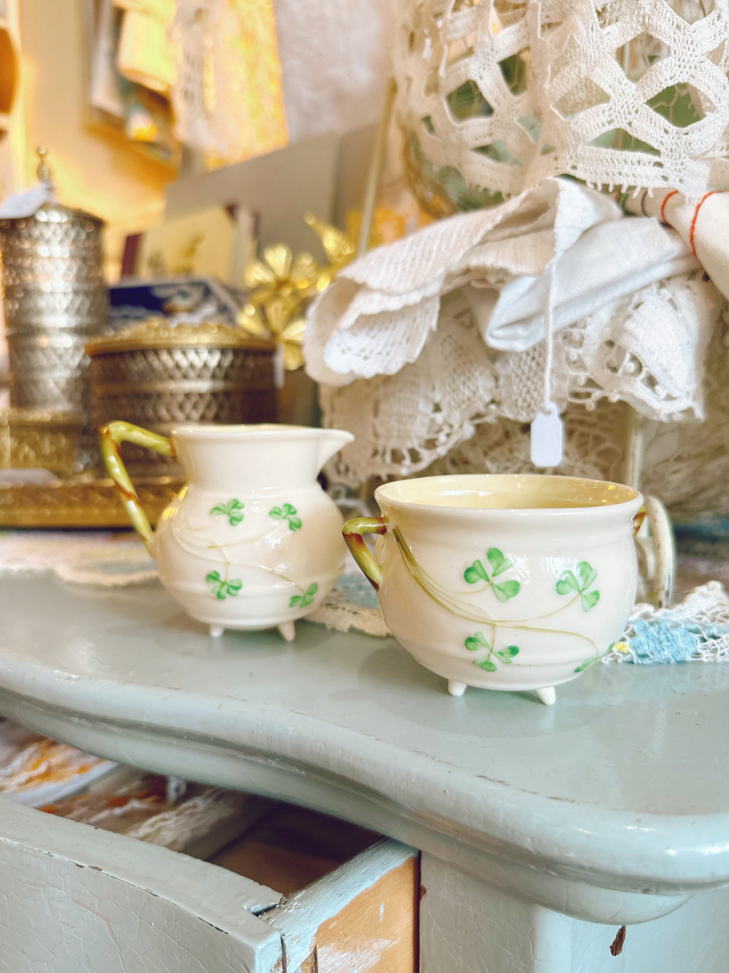 Belleek Shammrock - 3 legged Creamer & Sugar Set