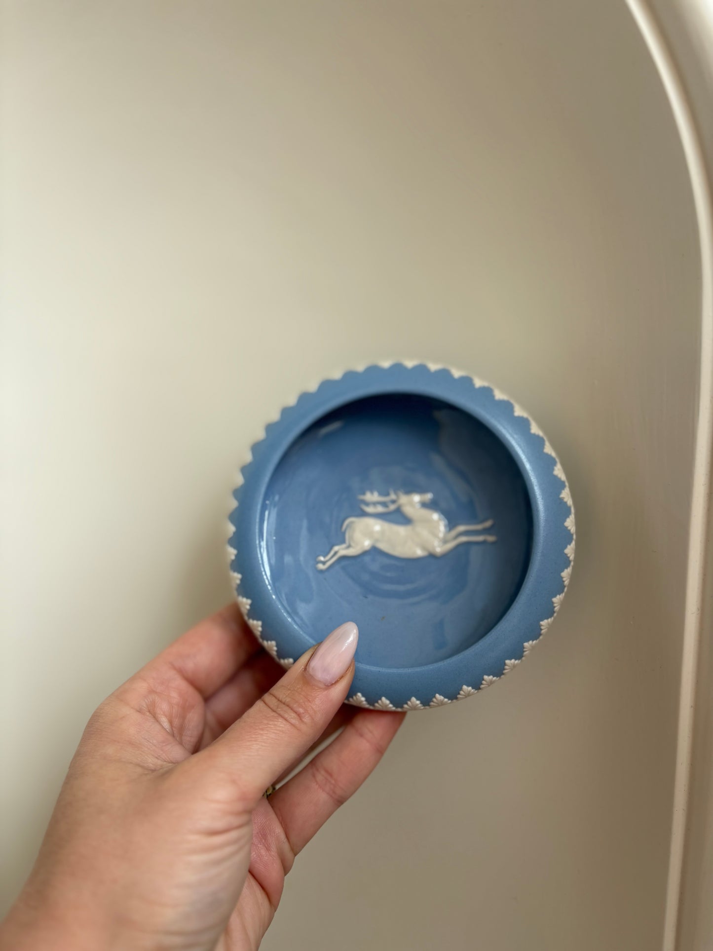 Vintage Dudson Hanley Blue and White Jasper Ware Trinket Tray, Ring Dish, Leaping Stag