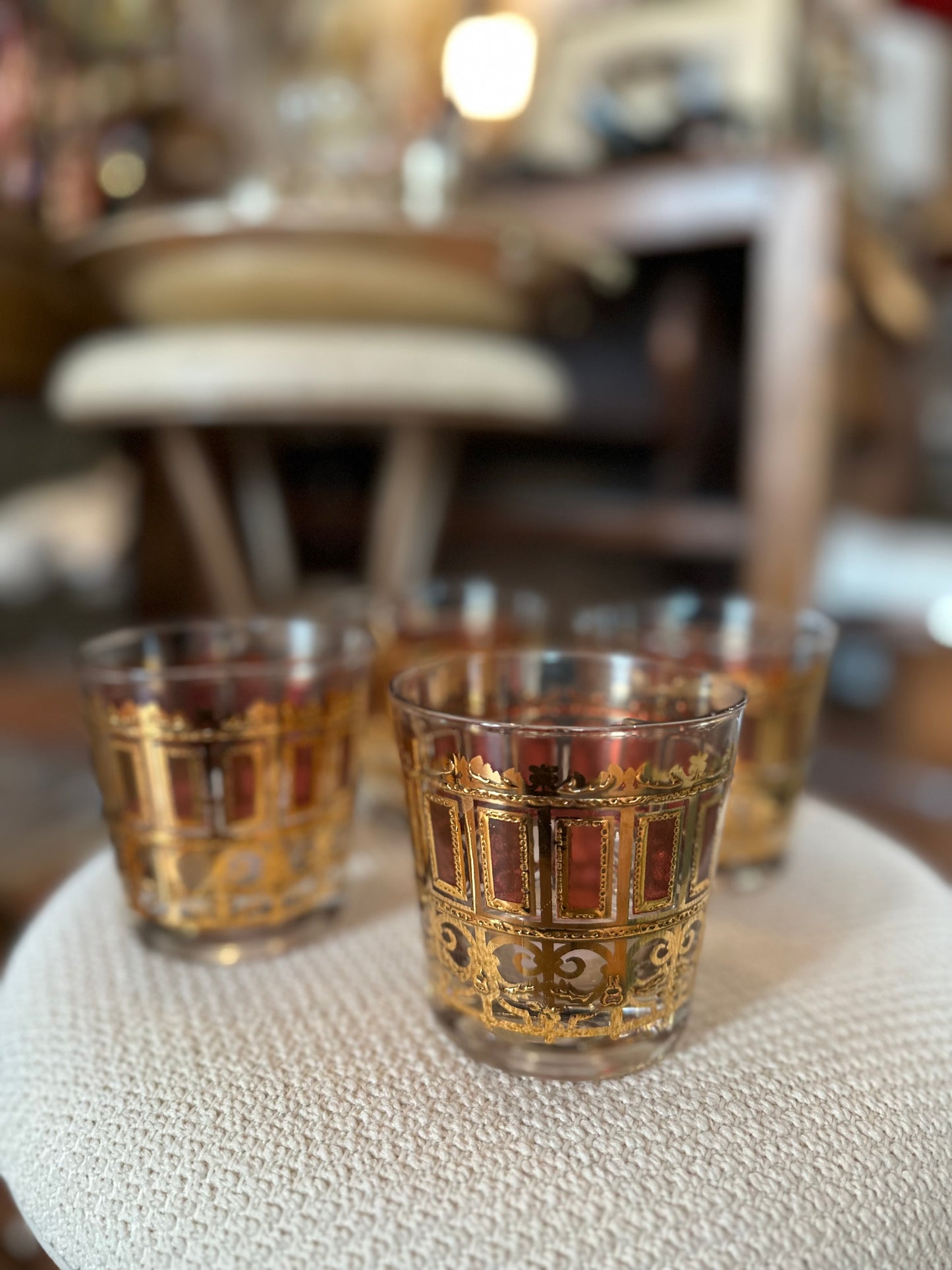 Set of 4 Libbey Mid Century Gold filigree barware