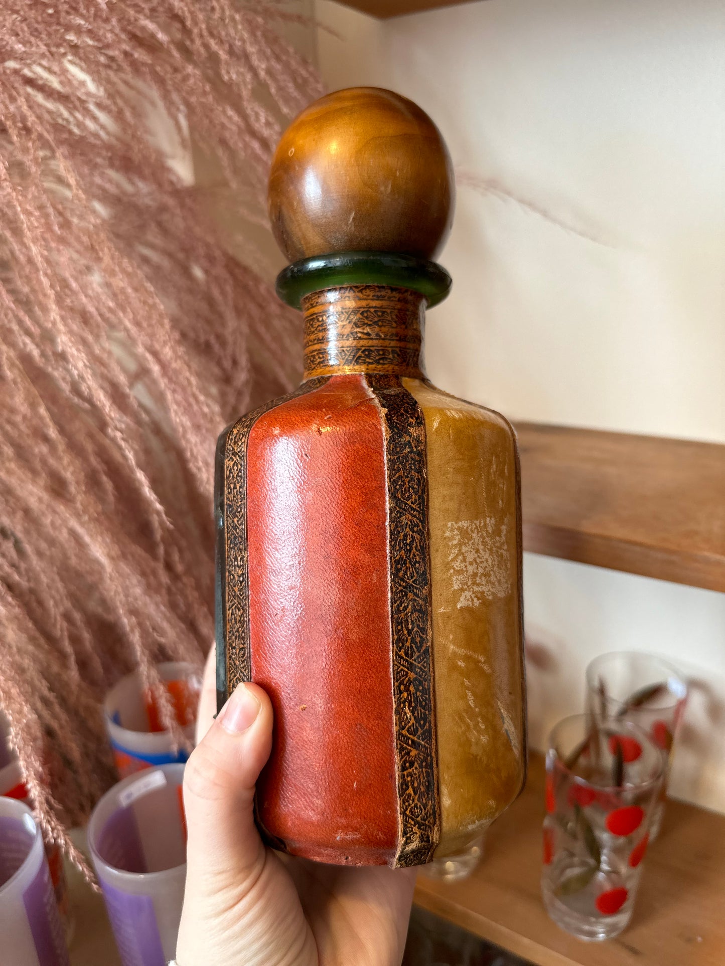 Leather covered glass decanter - made in Italy