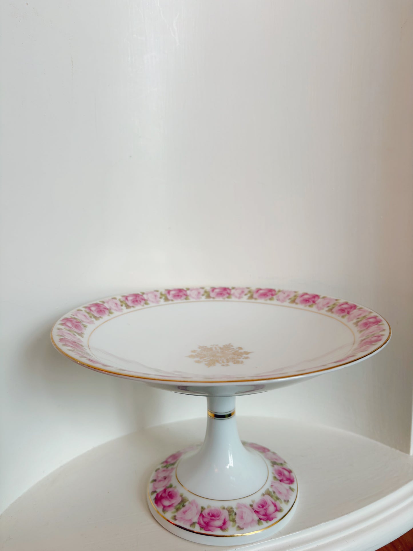 Pink Rose Trim Pedestal Dessert Tray