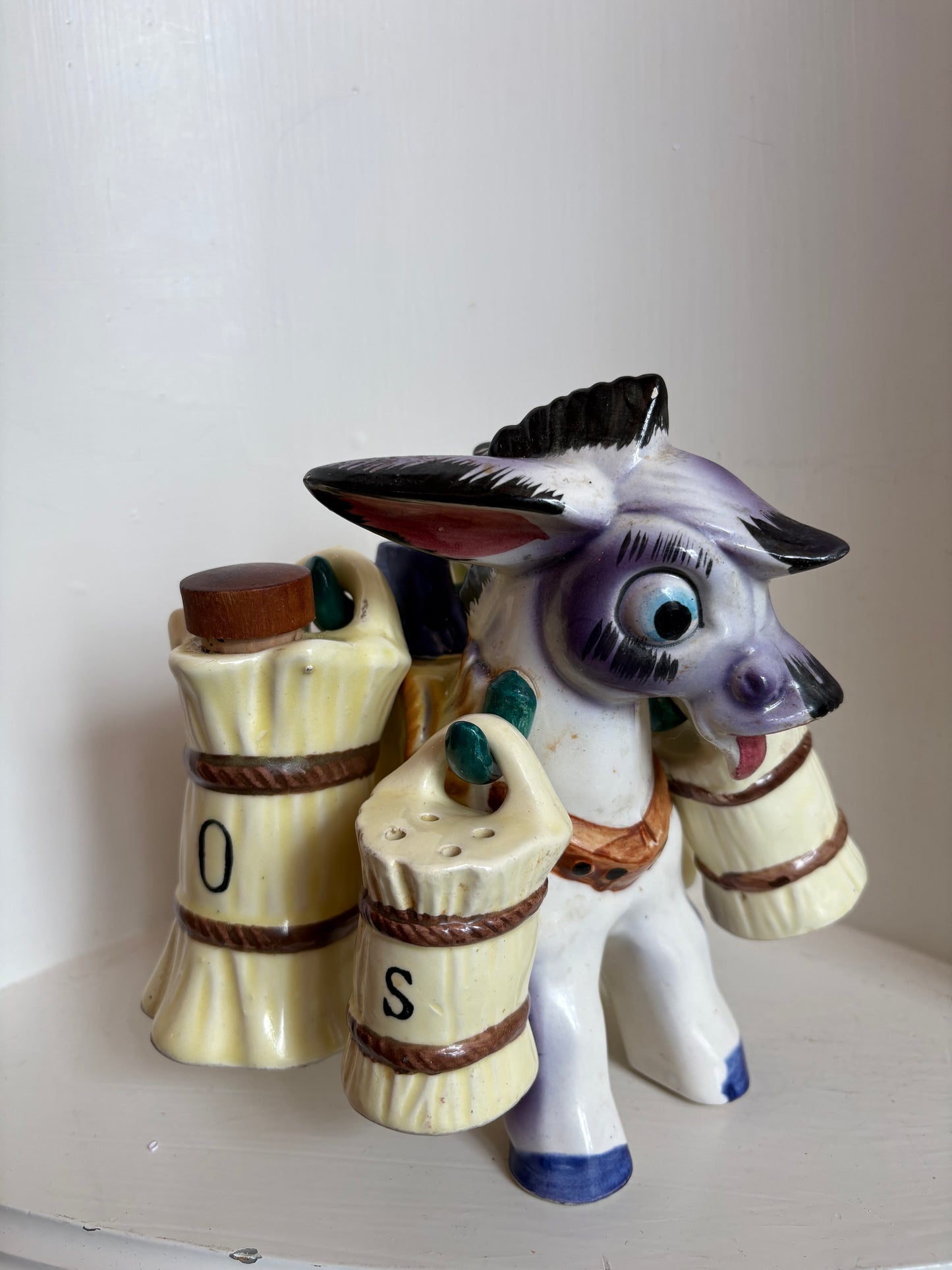 Vintage Japan Ceramic Burro Donkey Salt Pepper Oil & Vinegar Holder