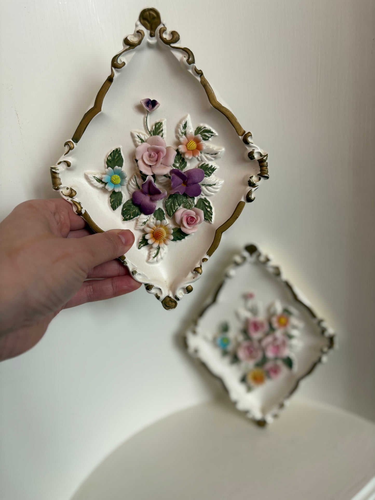 Hand Painted Ceramic 3D Floral Wall Plaques - made in Japan