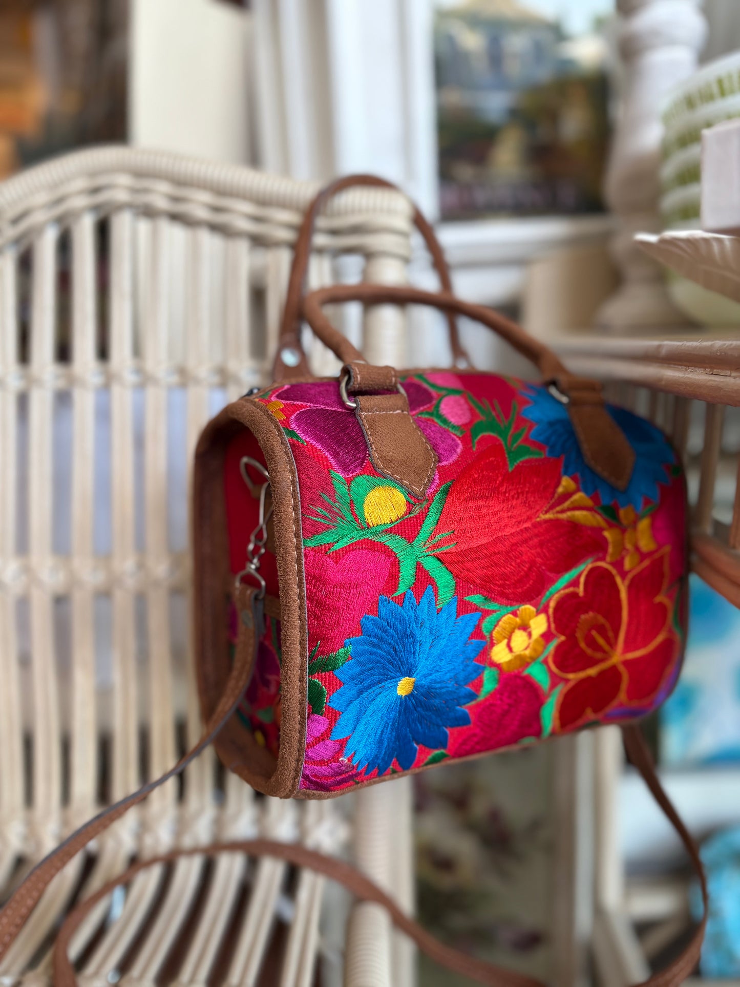 Embroidered Floral Handbag with long strap