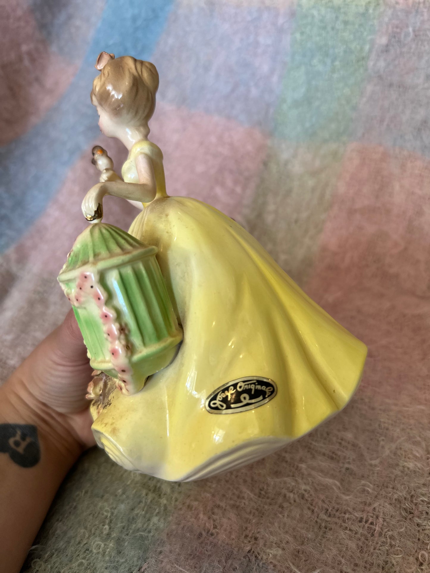 Rare large Josef Original girl with yellow dress and birdcage