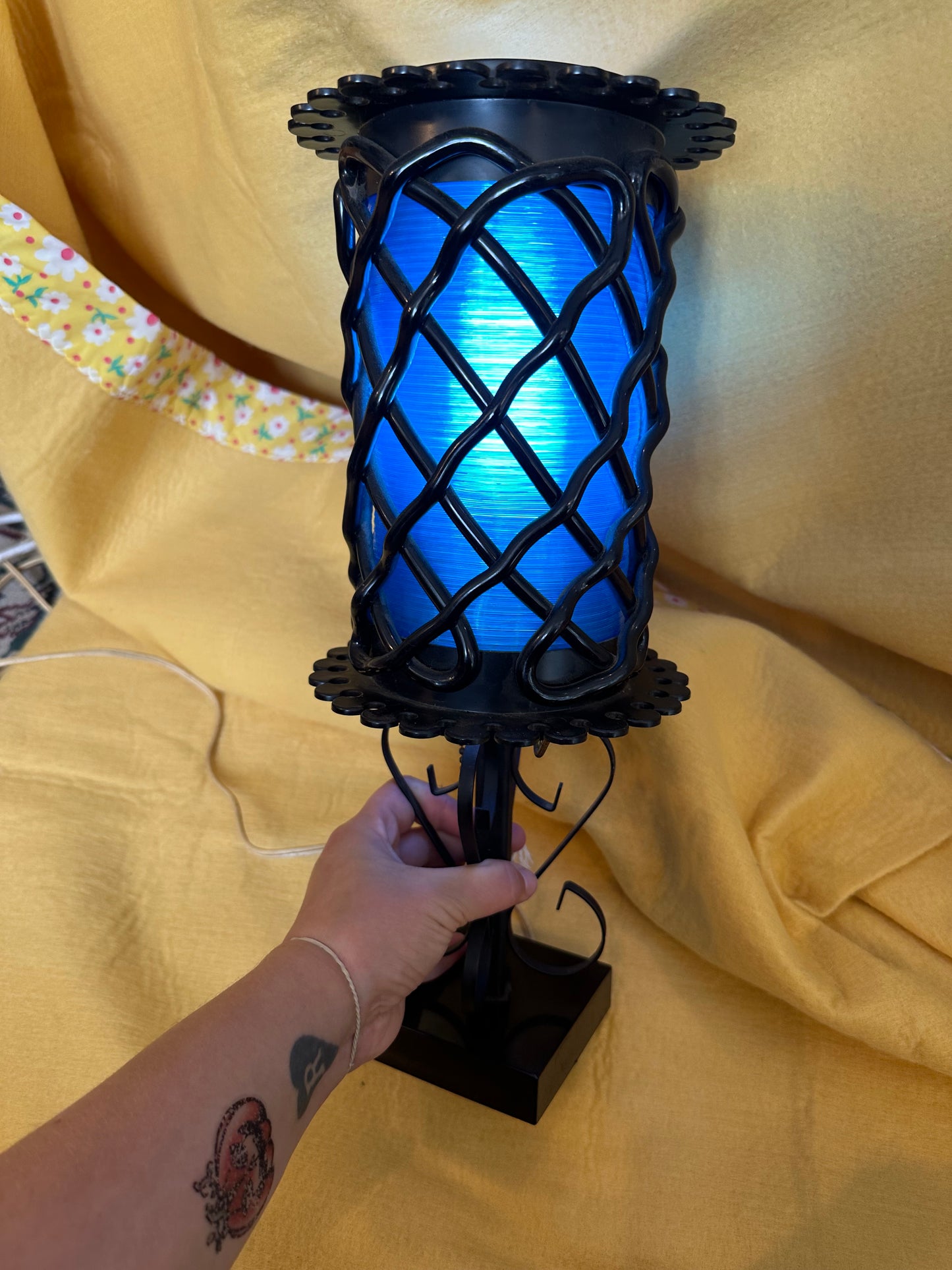 Mid Century black lamp with blue fibreglass shade