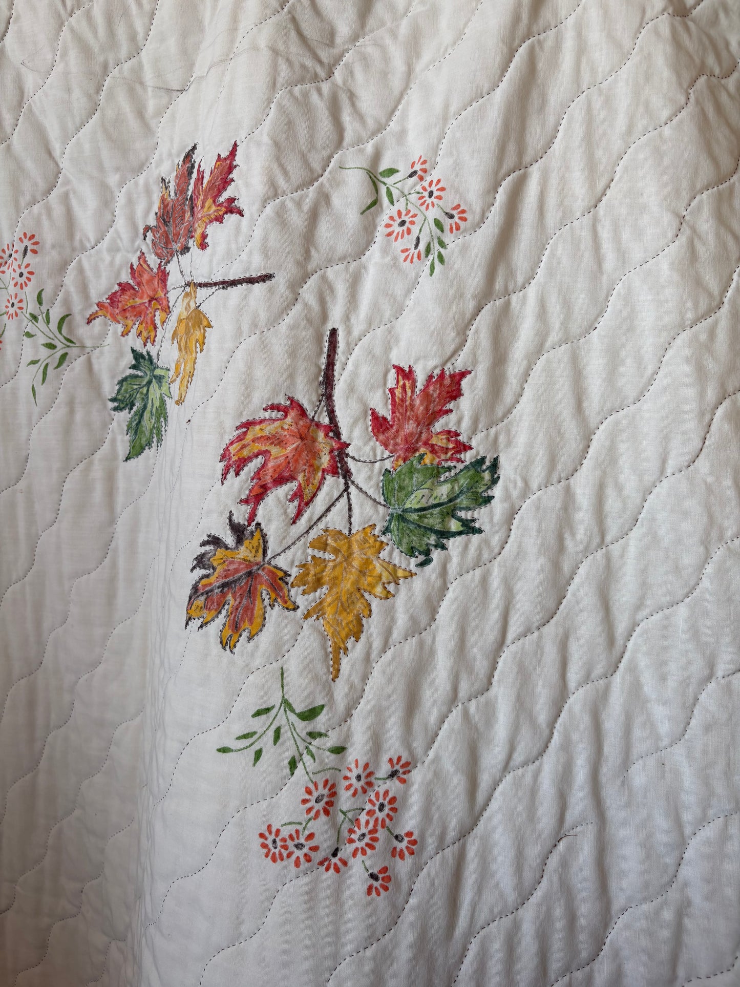 Yellow Gingham, Fall Leaves Quilt 58x74 inches
