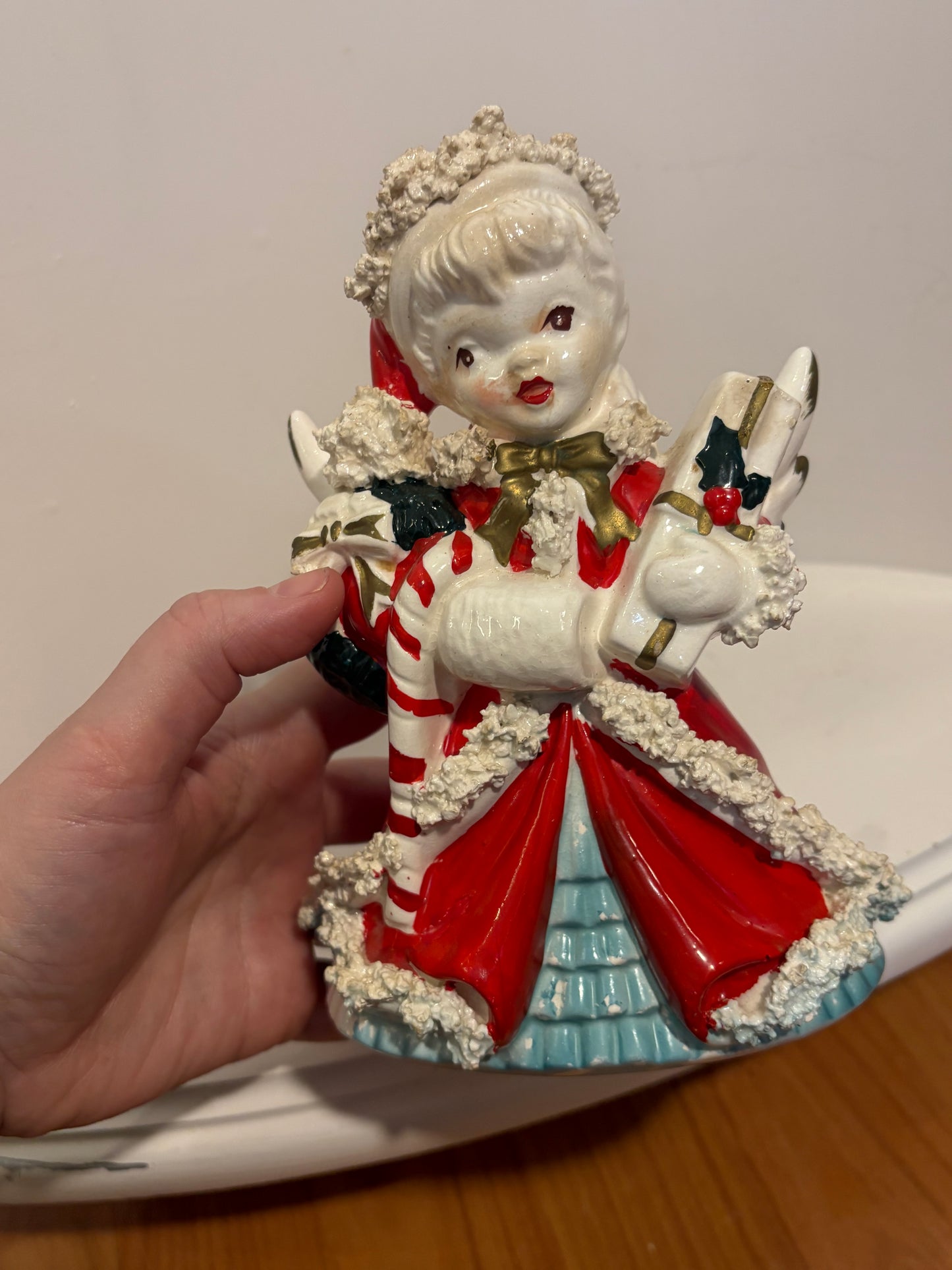 Napco Christmas Shopping Girl Planter- candy cane and gifts