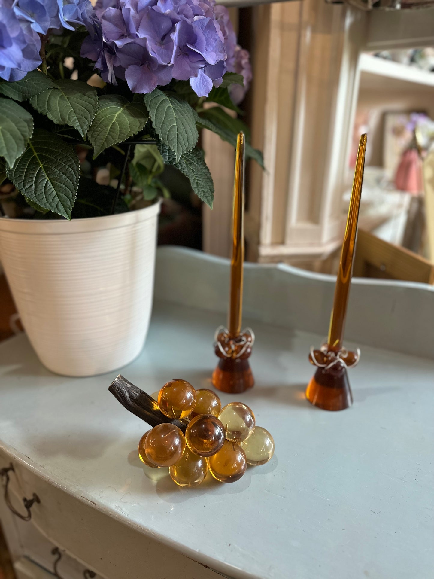 1970s set of Lucite grapes, candle holders and candles