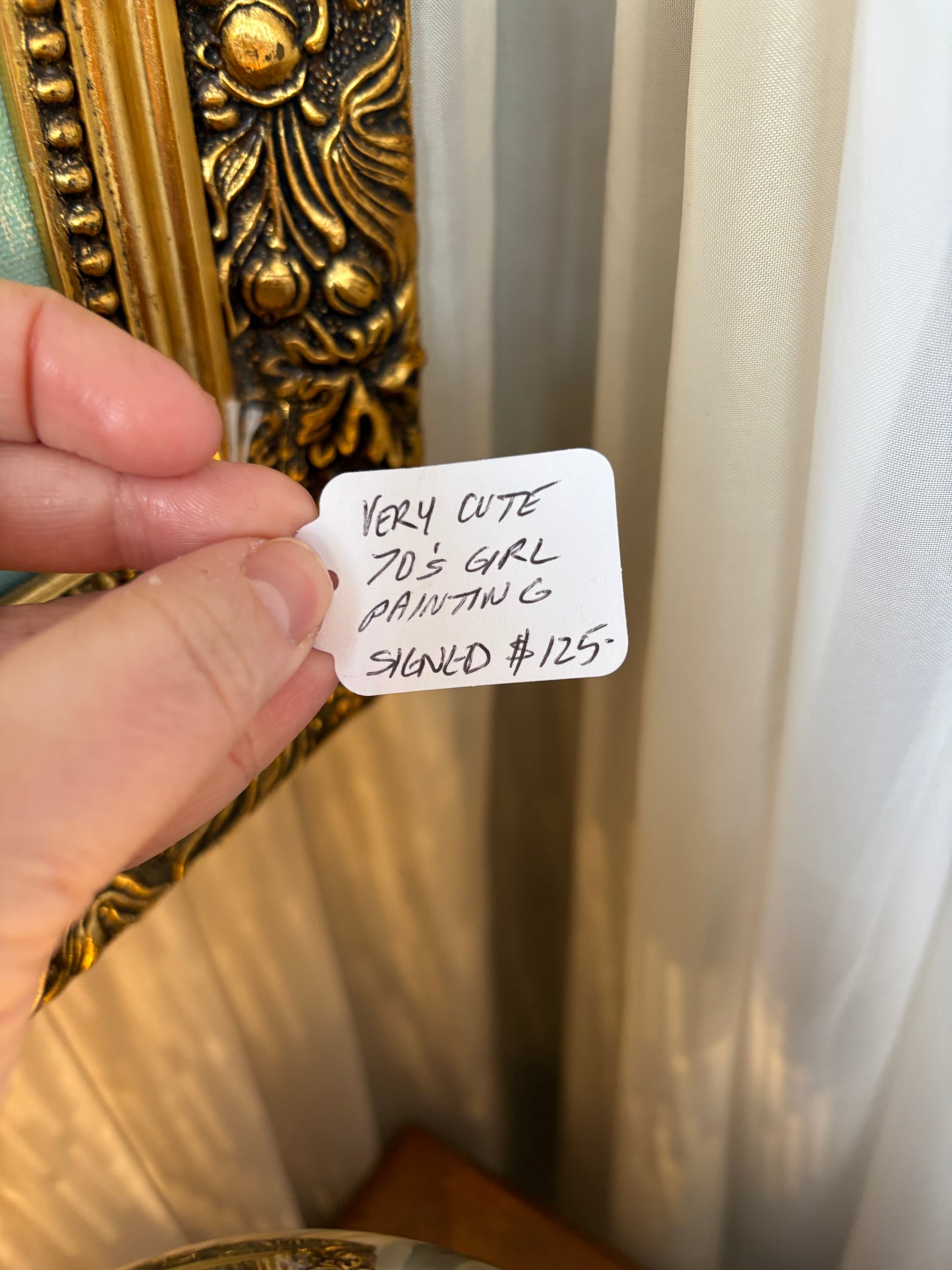 70s girl holding a bird painting - signed & framed