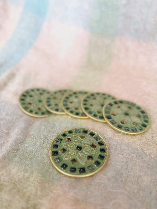 Set of 6 green & gold tile coasters
