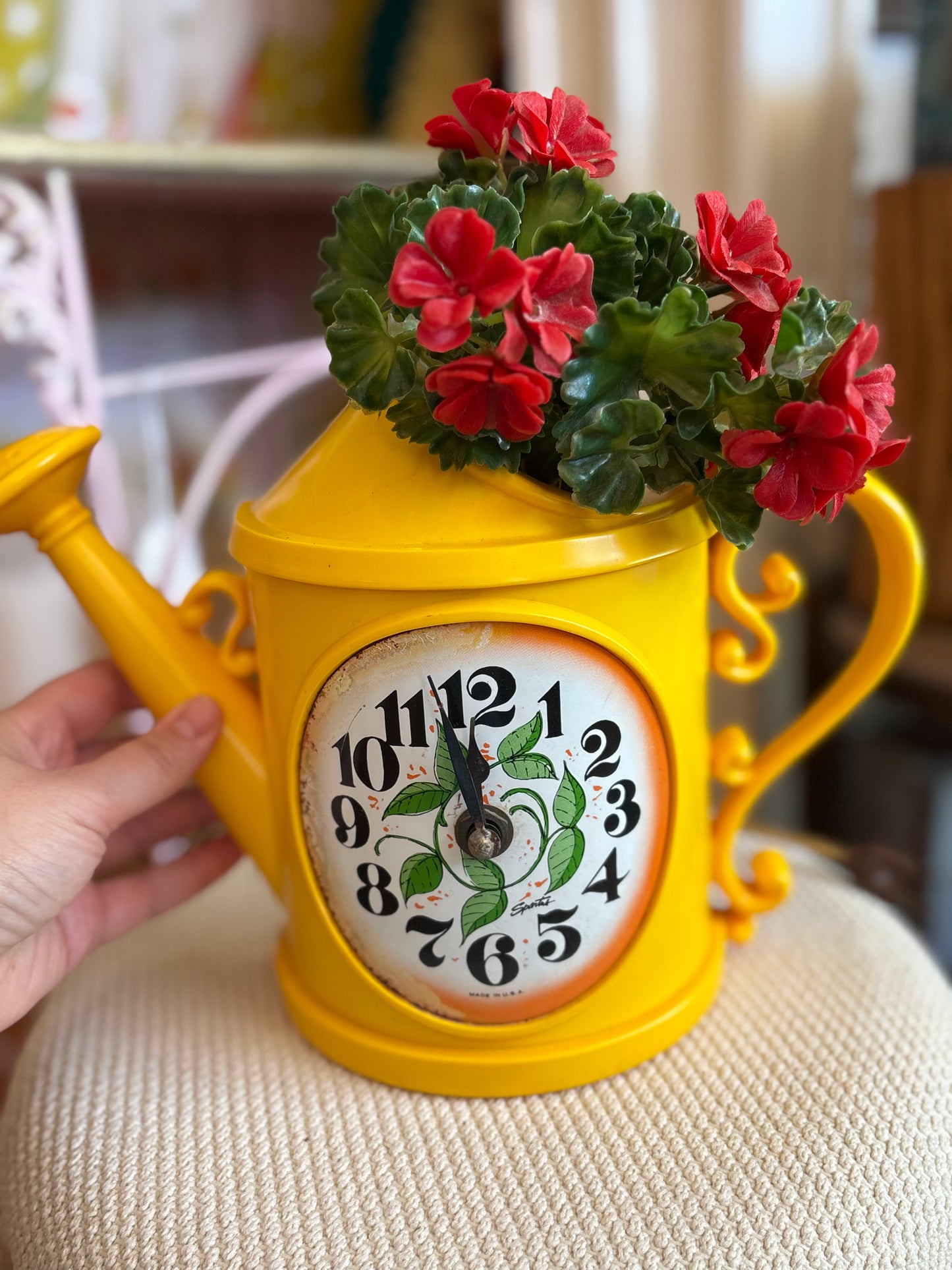 Vintage Watering Can Clock with faux flowers - made in USA