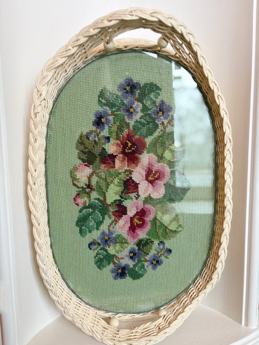 Needlepoint Wicker Tray with glass top