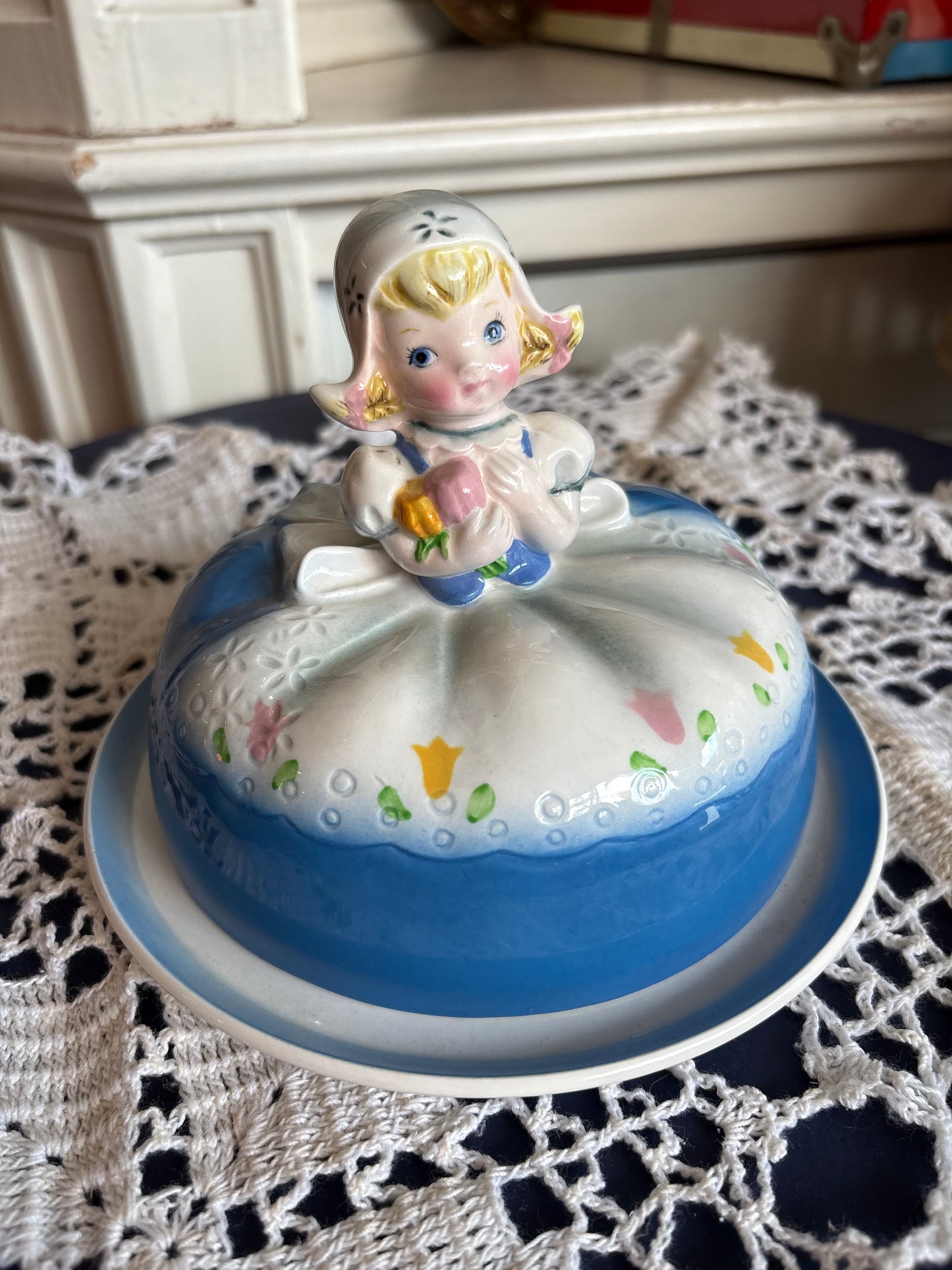 Rare Lefton 1950s Dutch Girl Butter Dish - made in Japan