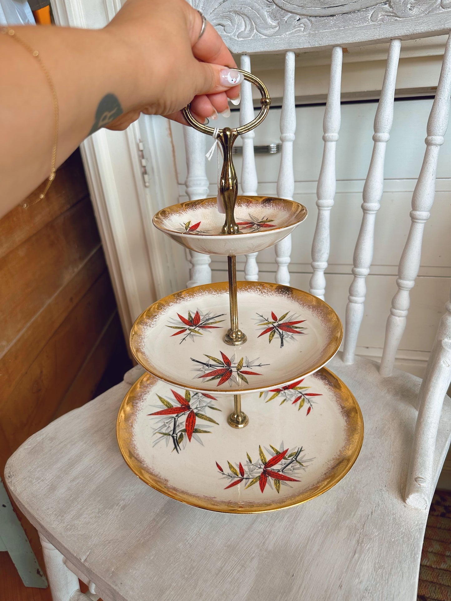 Three tier plate tray with gold trim