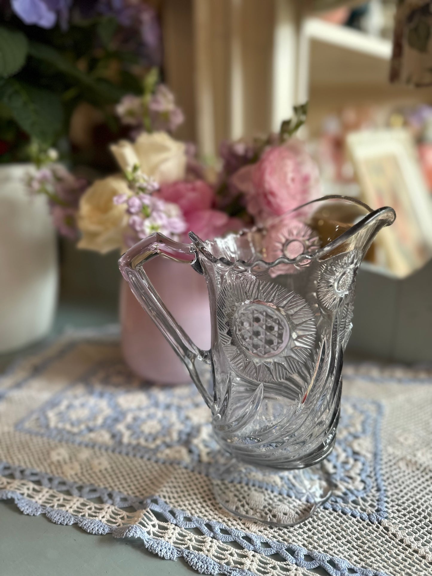 Early American pressed glass pitcher - Feather swirl pattern