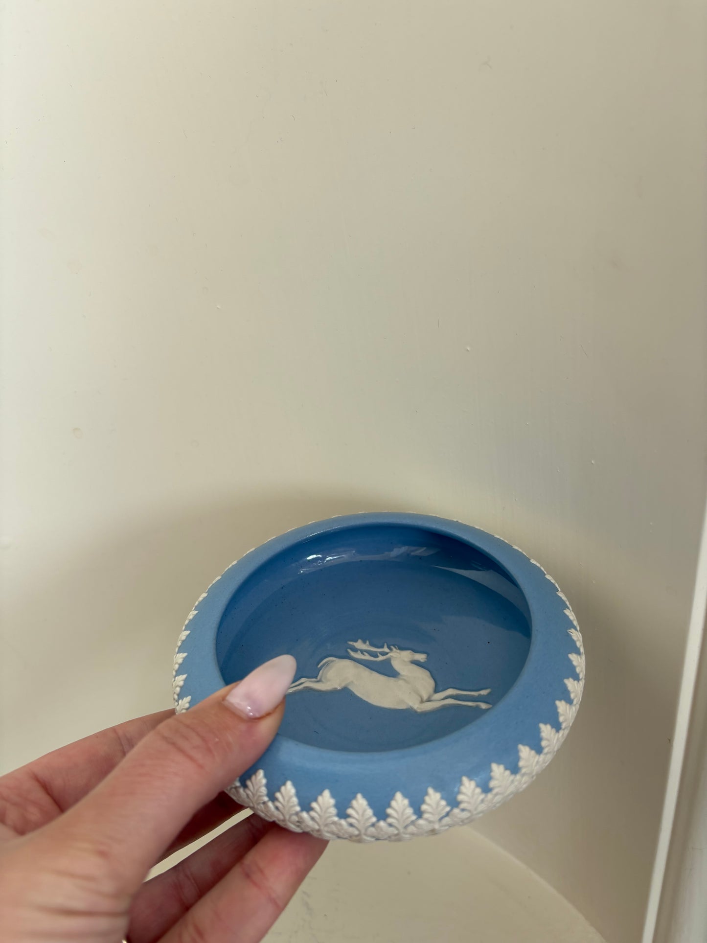 Vintage Dudson Hanley Blue and White Jasper Ware Trinket Tray, Ring Dish, Leaping Stag