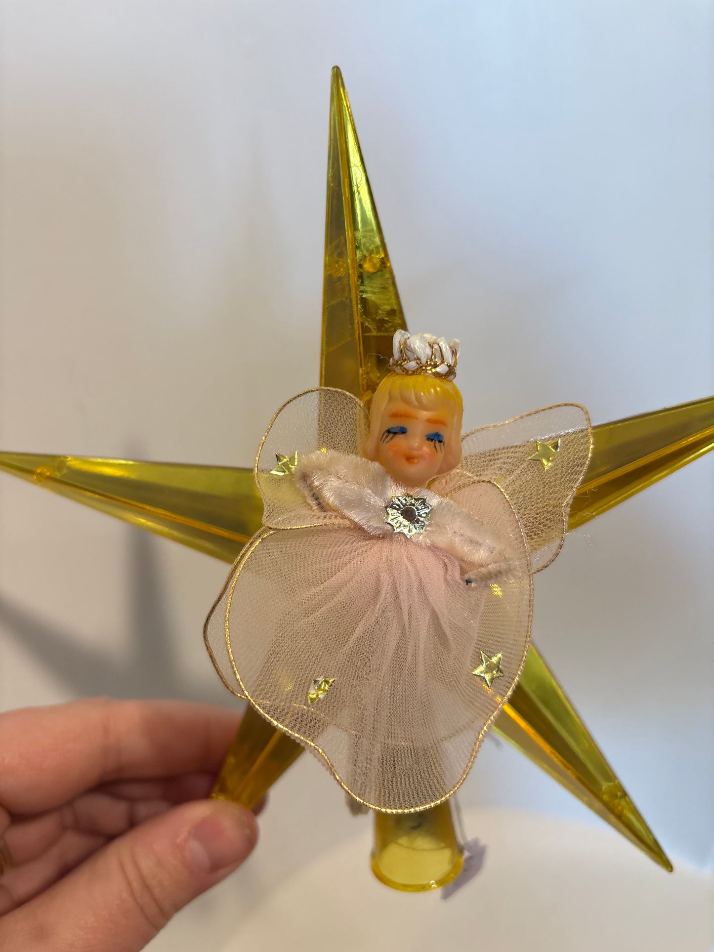 Gold Plastic Star Tree Topper with netting, pipe cleaner angel