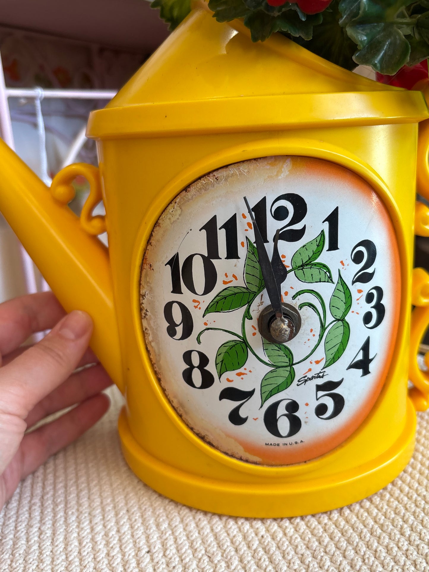 Vintage Watering Can Clock with faux flowers - made in USA