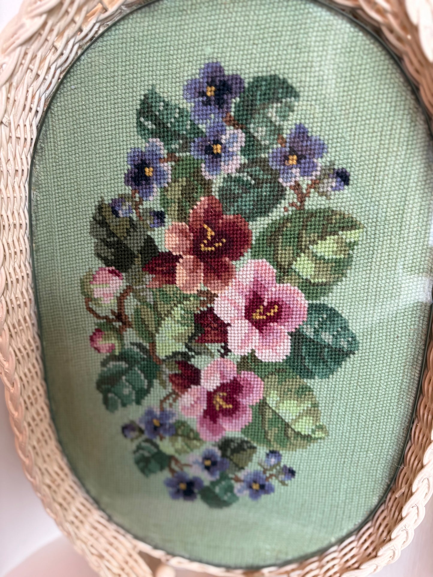 Needlepoint Wicker Tray with glass top