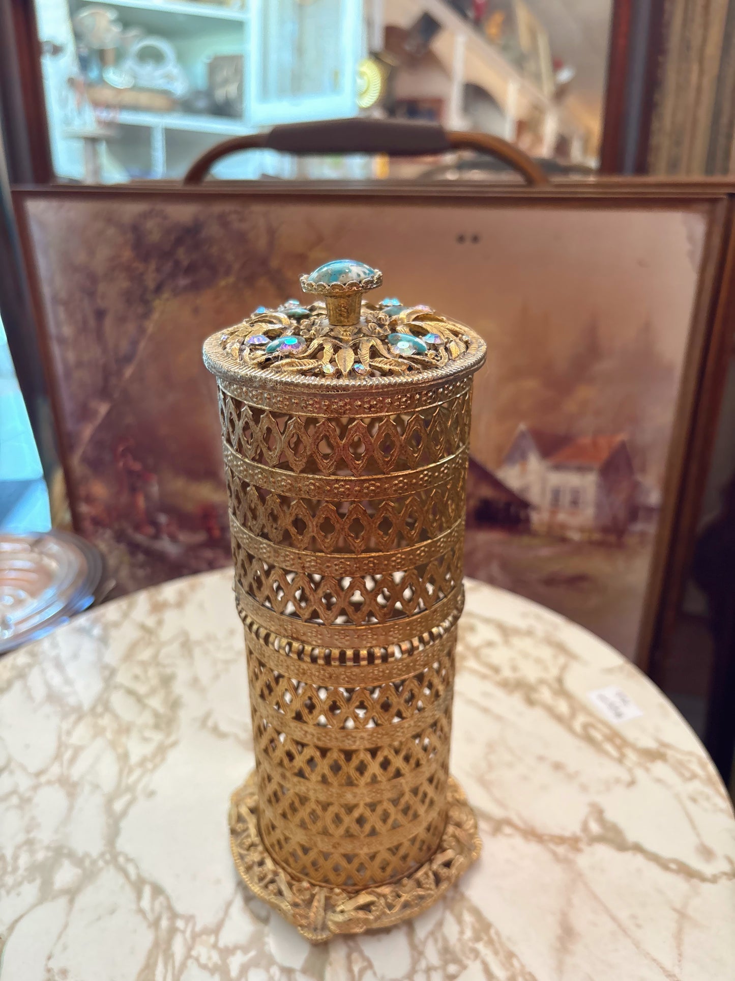 Ormolu Hollywood Regency tall round vanity trinket dish