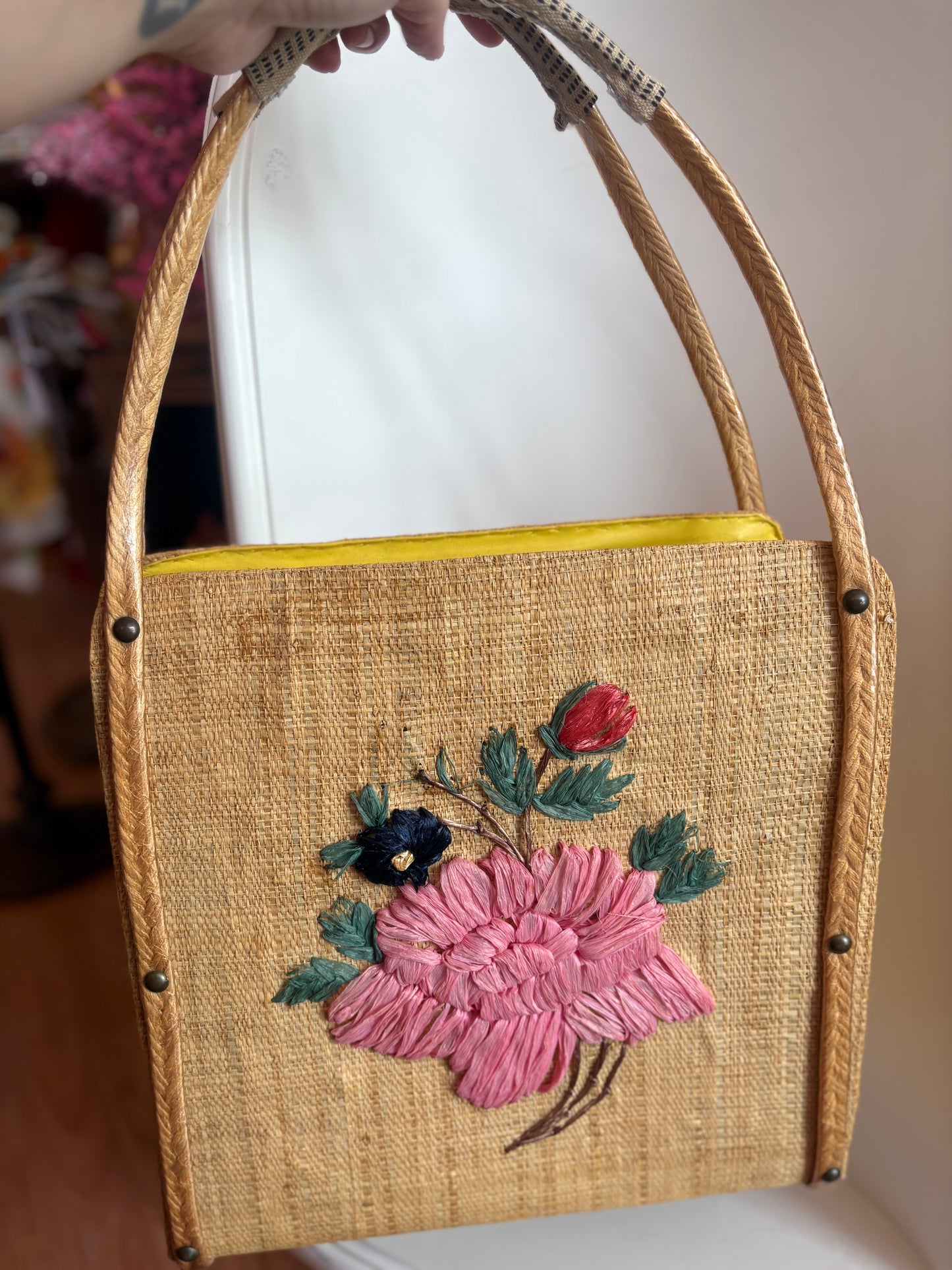 Vintage Rattan purse with floral details
