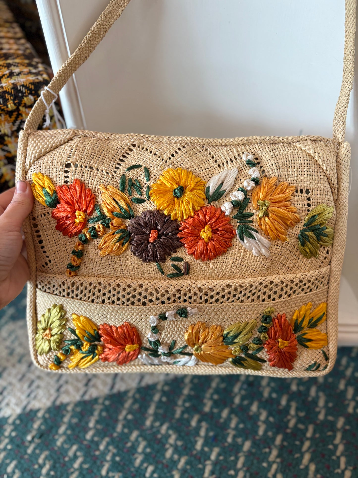 Woven floral shoulder bag