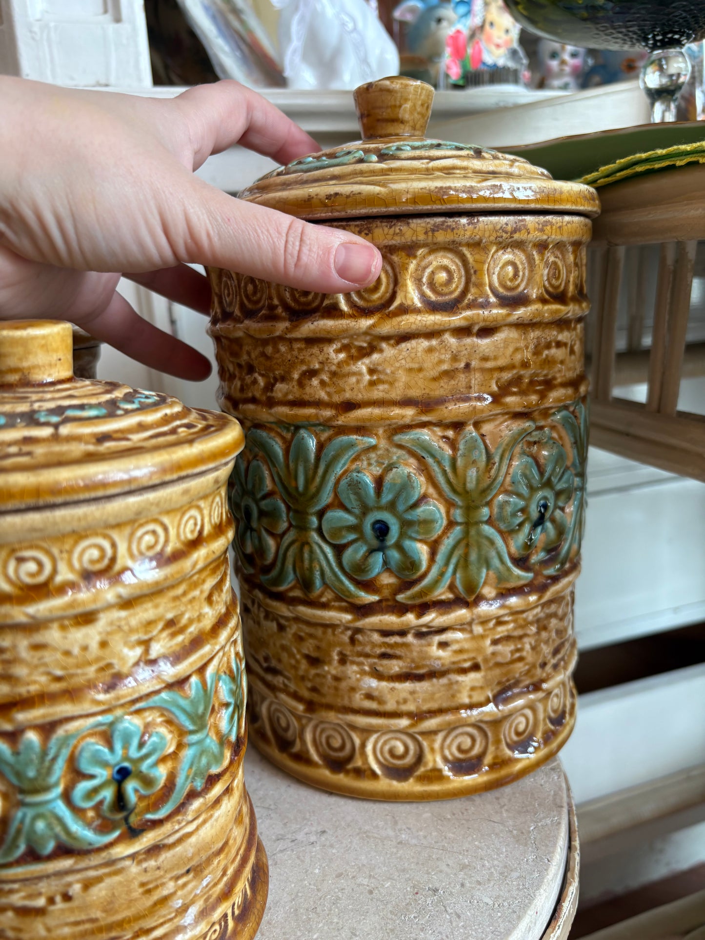 Tiki Style Ceramic Kitchen Canister Set - marked Japan