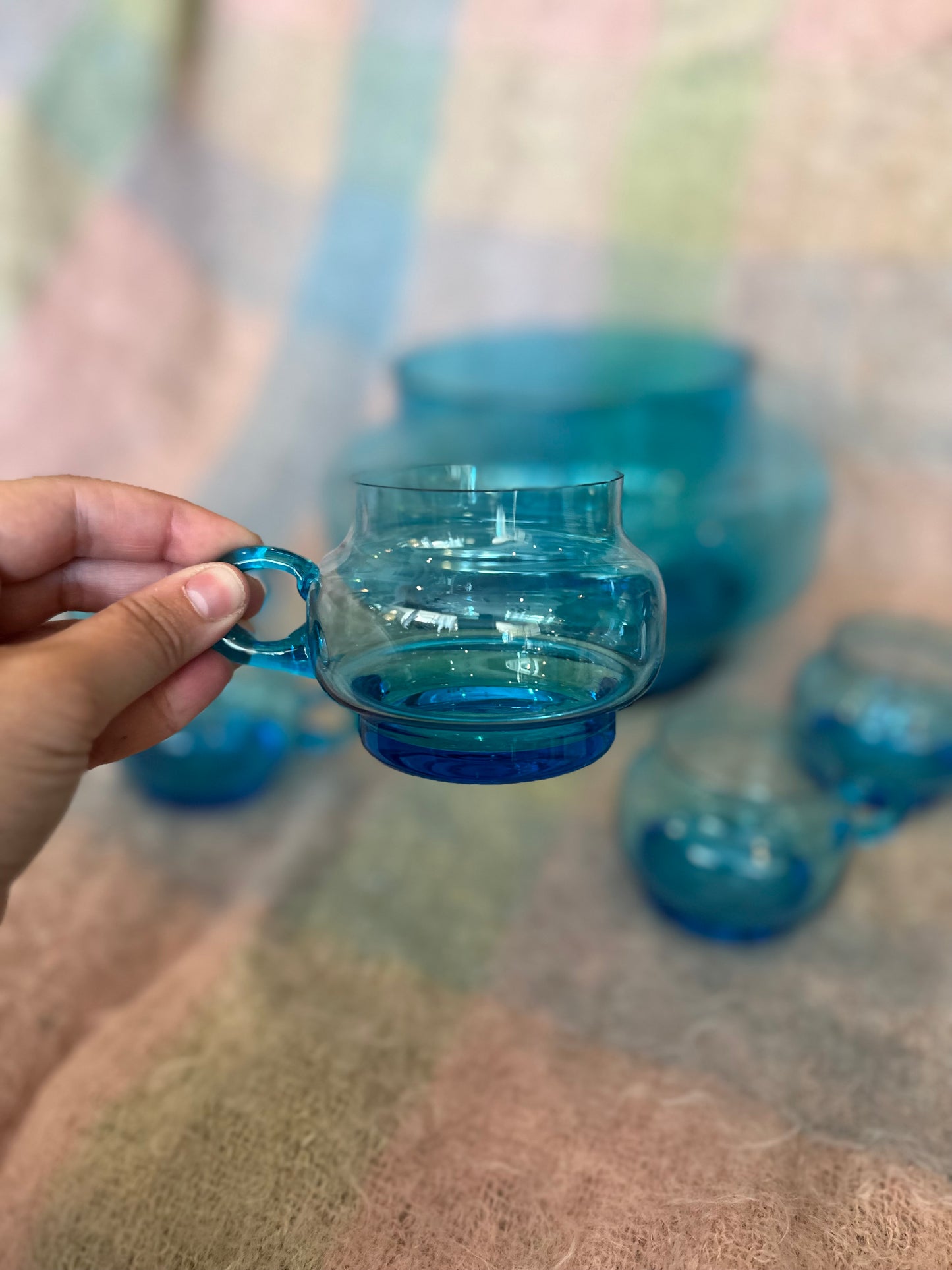 Six piece blue glass punch bowl set