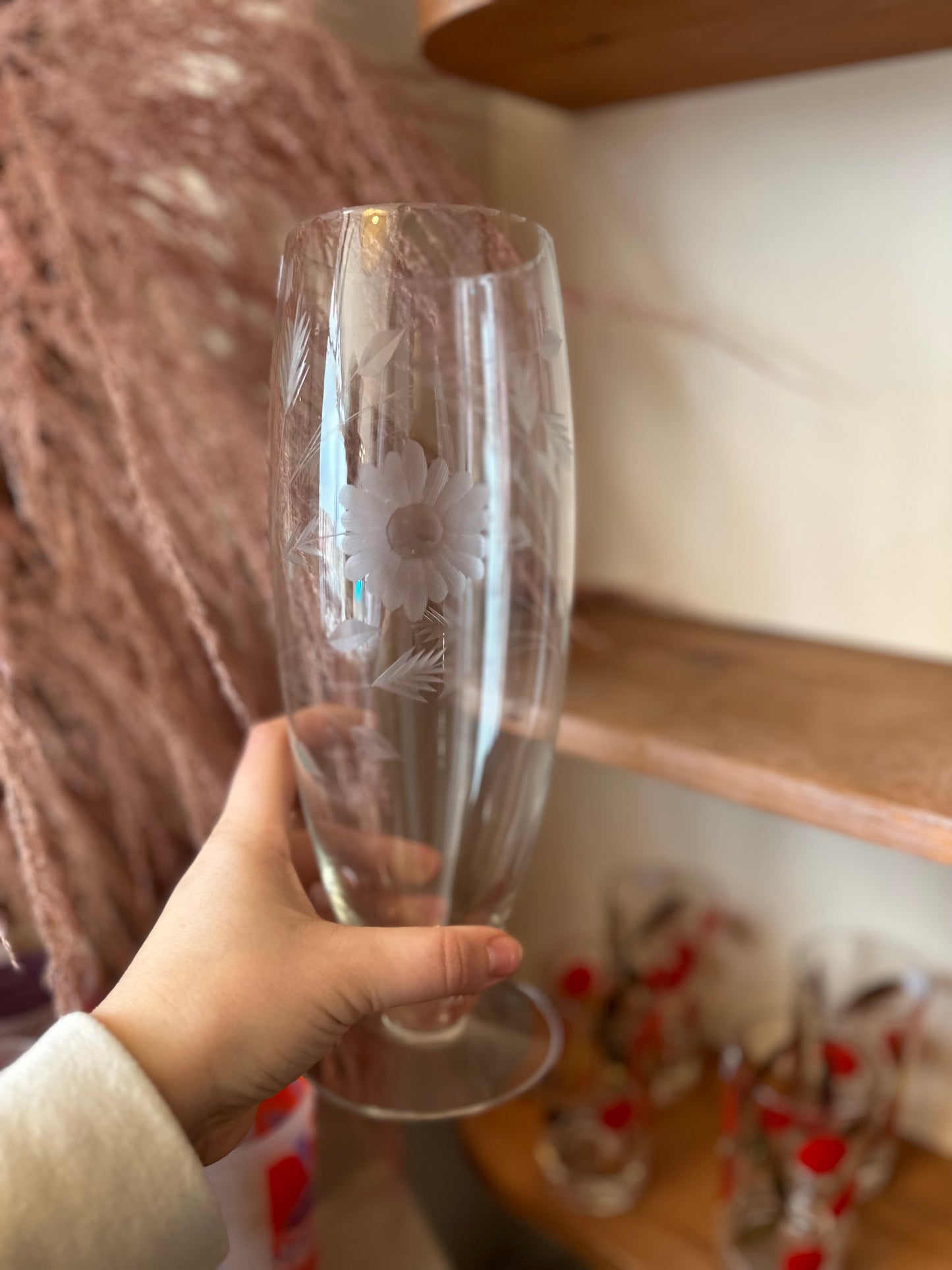 Etched glass vase with floral design