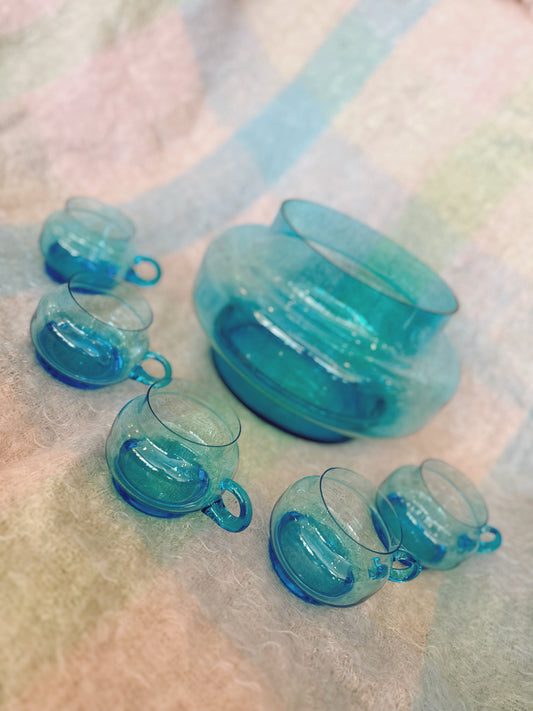 Six piece blue glass punch bowl set