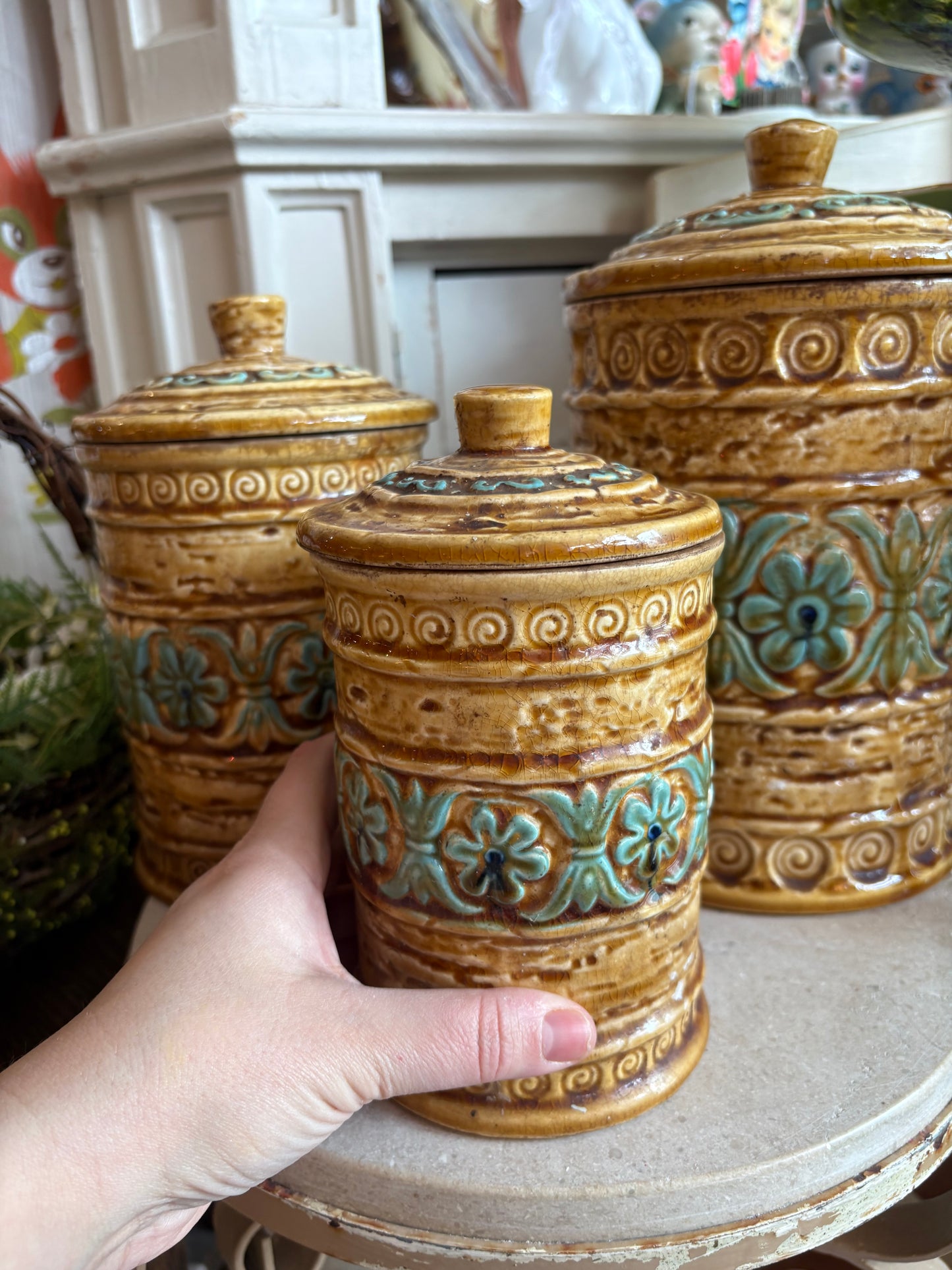 Tiki Style Ceramic Kitchen Canister Set - marked Japan