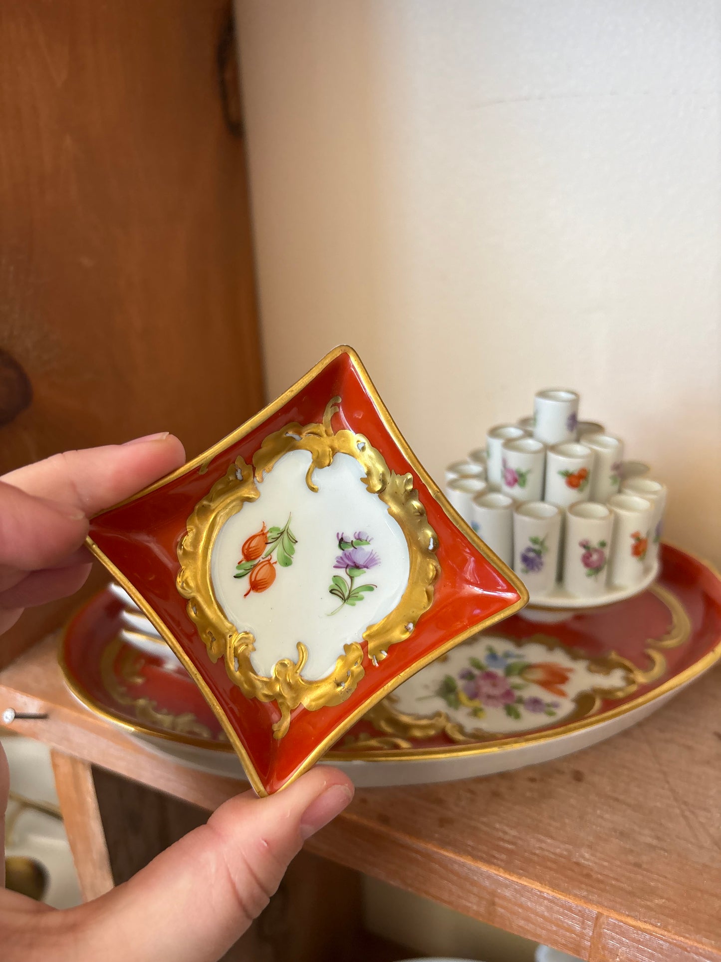 Dresden Hand Painted Cigarette Holder with small ashtrays - Mid Century