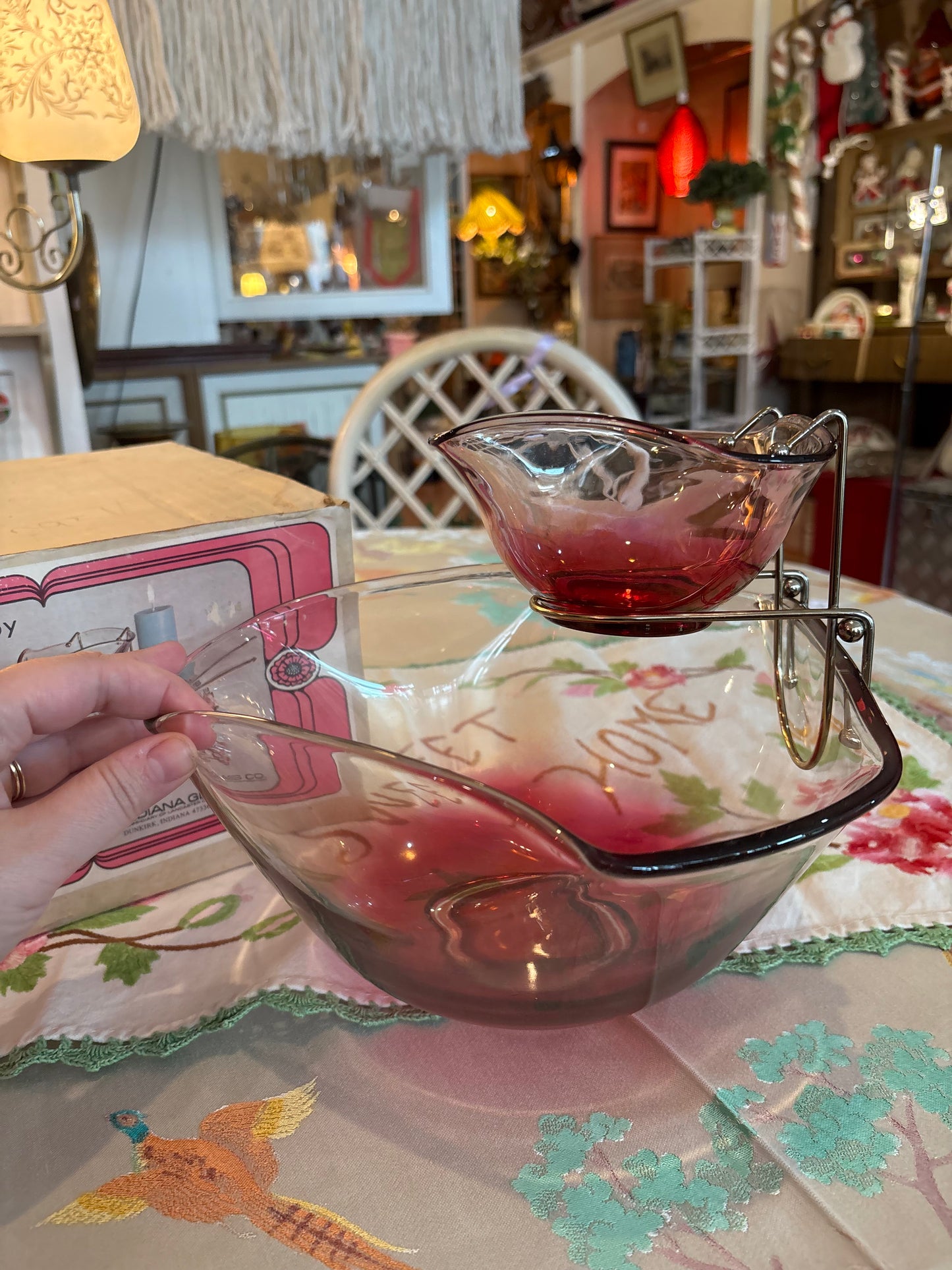 Ruby Indiana Glass Chip & Dip bowl with original box