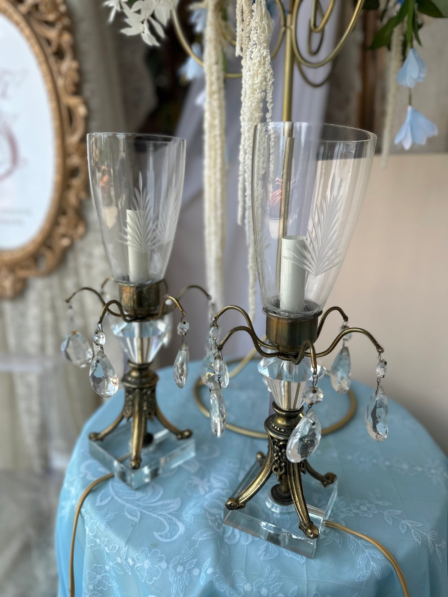 Brass & crystal lamps with glass shade