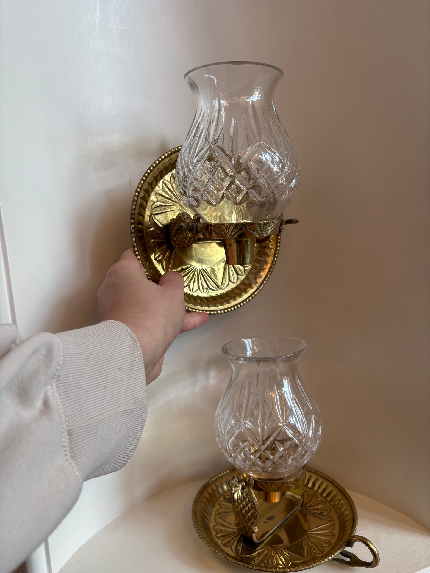 Rotating Sconce to Candlestick (Brass & Crystal)