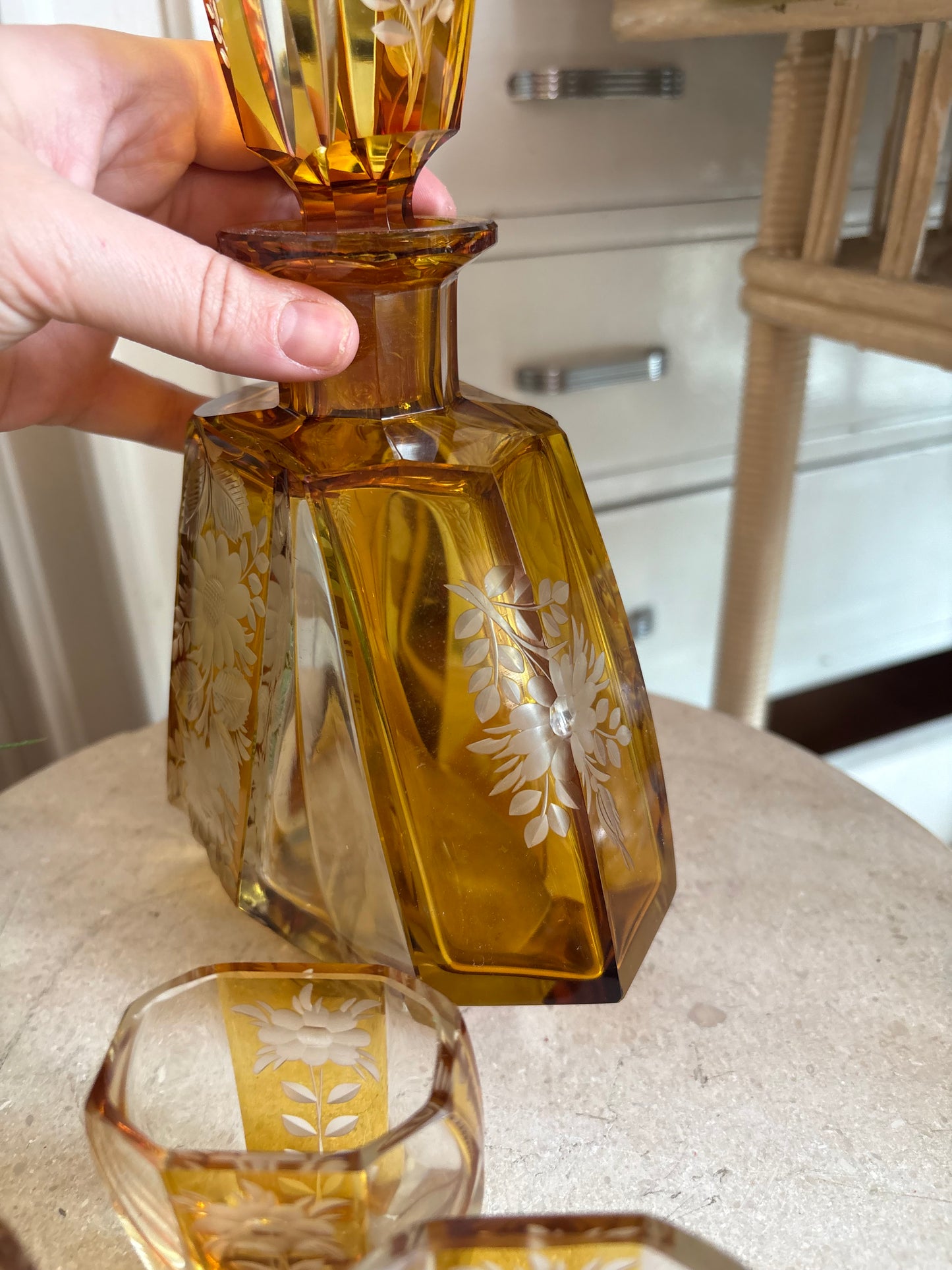 Etched Glass Decanter Set with shot glasses