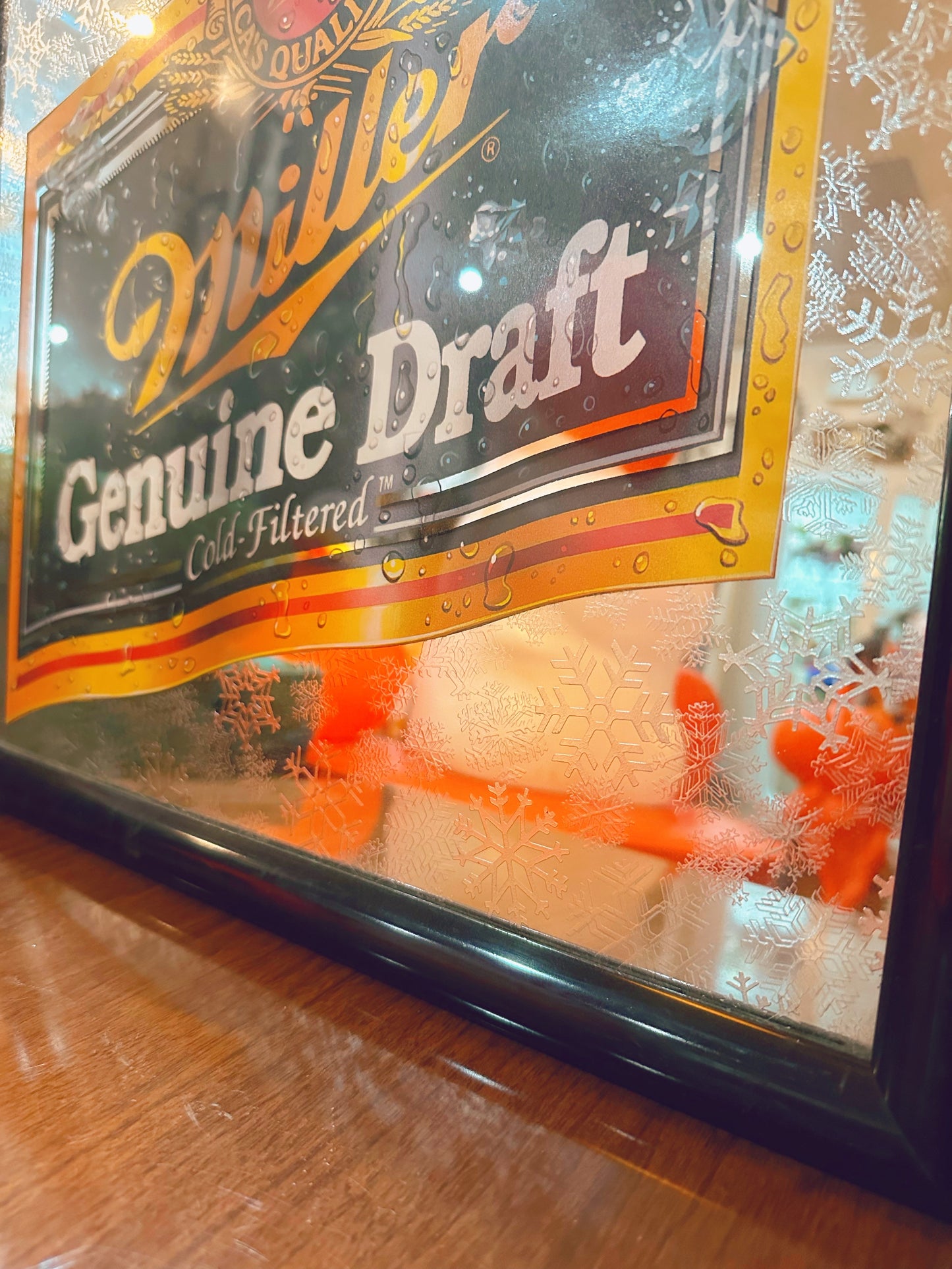 Miller Genuine Draft bar mirror with snowflakes in glass