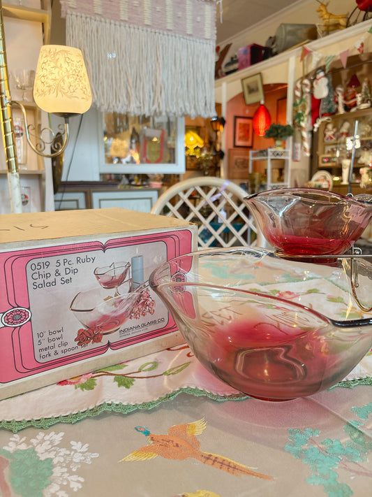 Ruby Indiana Glass Chip & Dip bowl with original box
