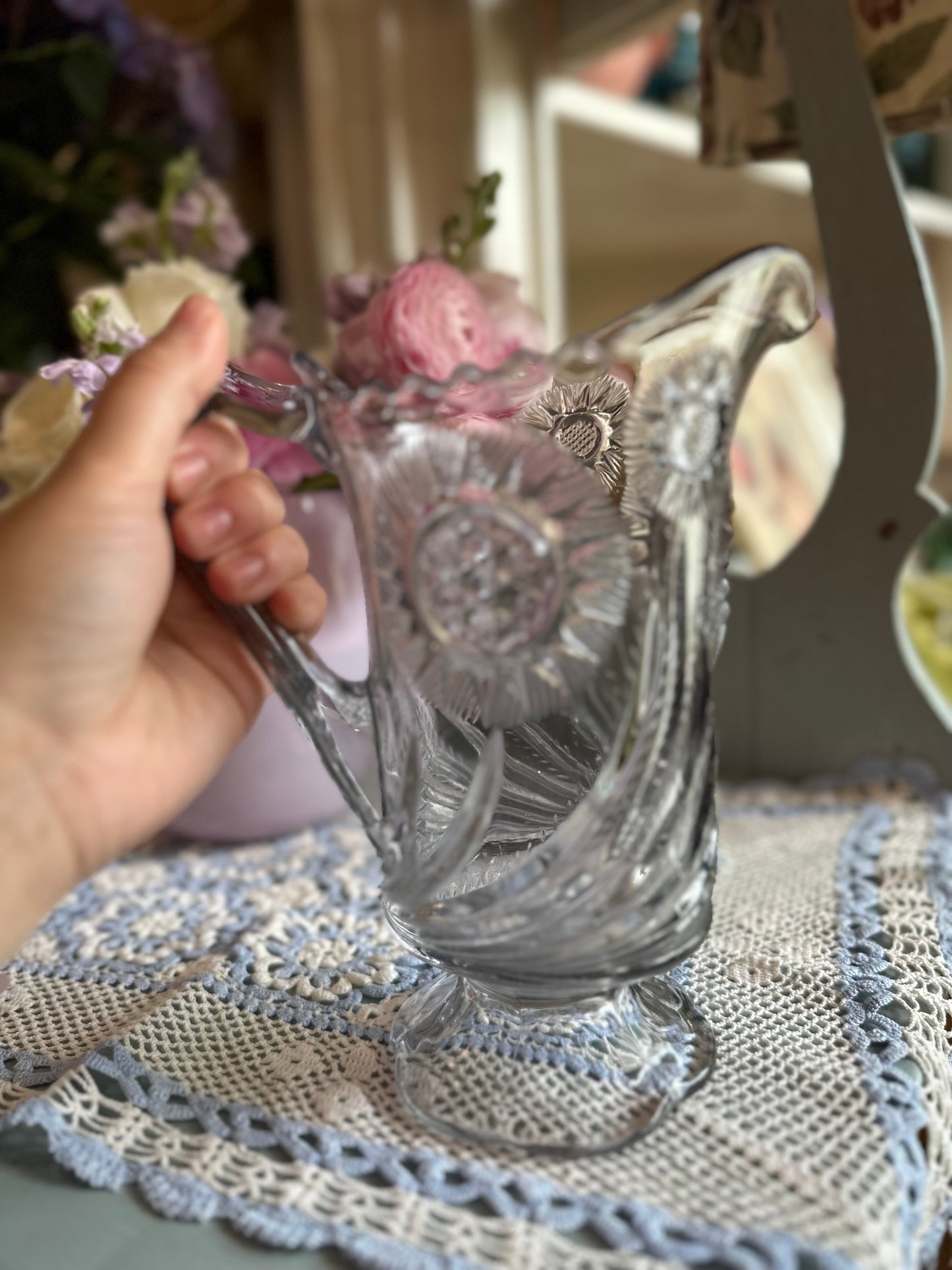 Early American pressed glass pitcher - Feather swirl pattern