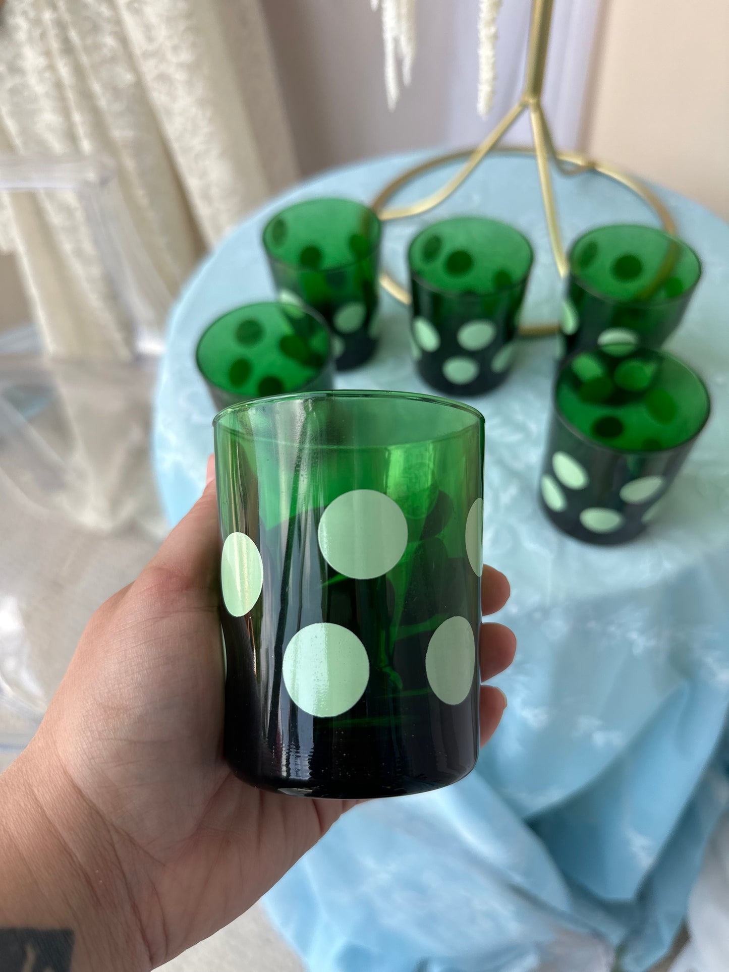 Set of 6 green polka dot glass cups