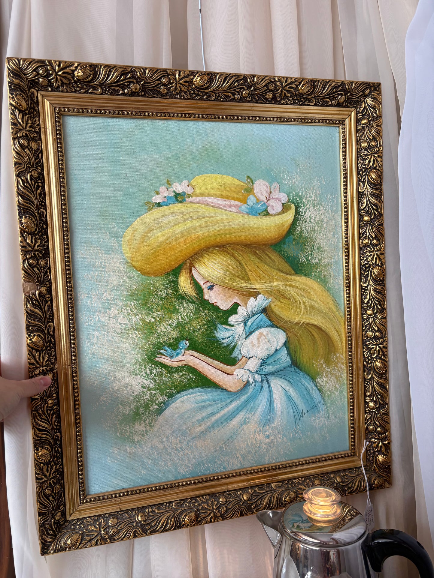 70s girl holding a bird painting - signed & framed