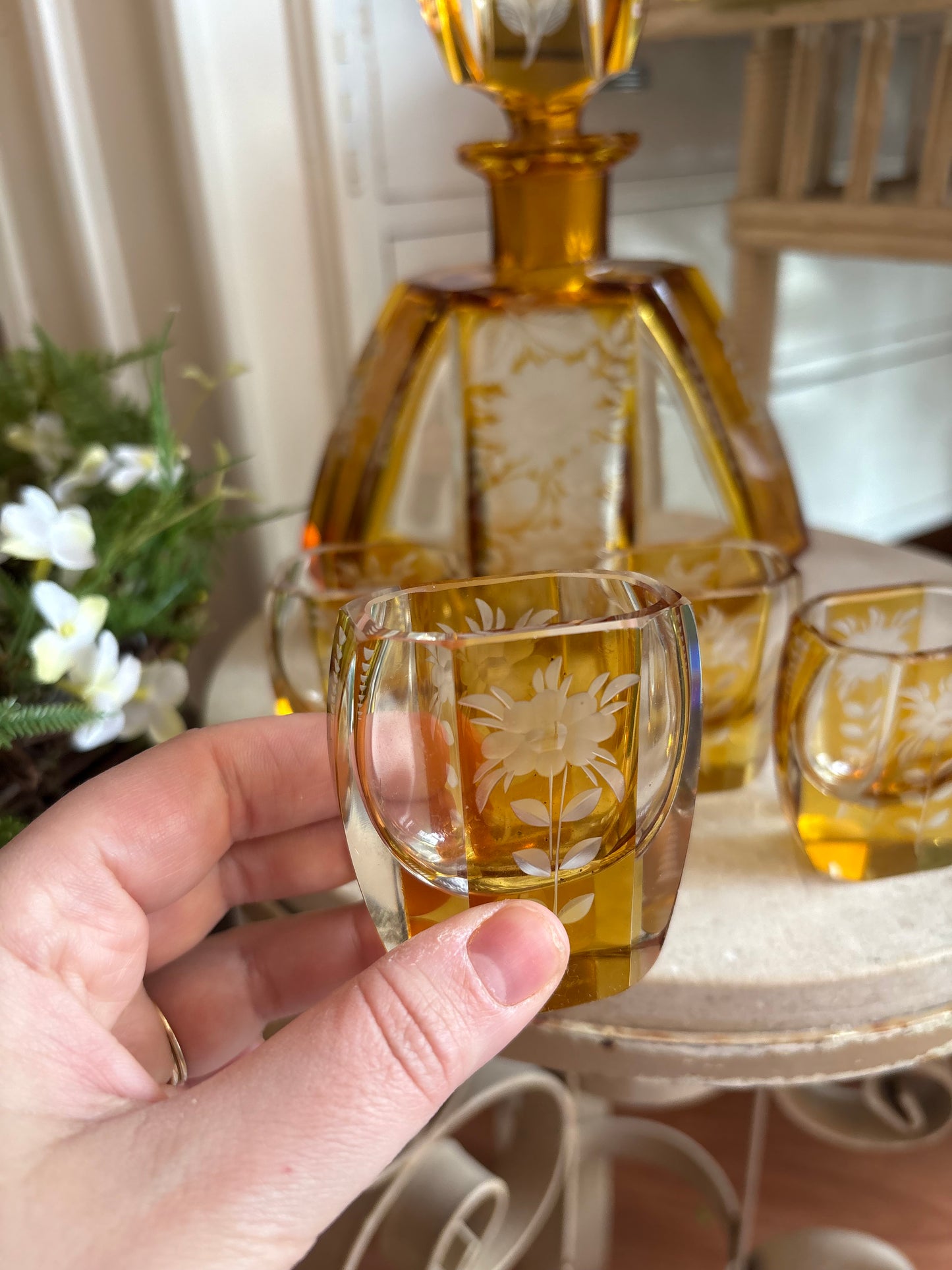 Etched Glass Decanter Set with shot glasses